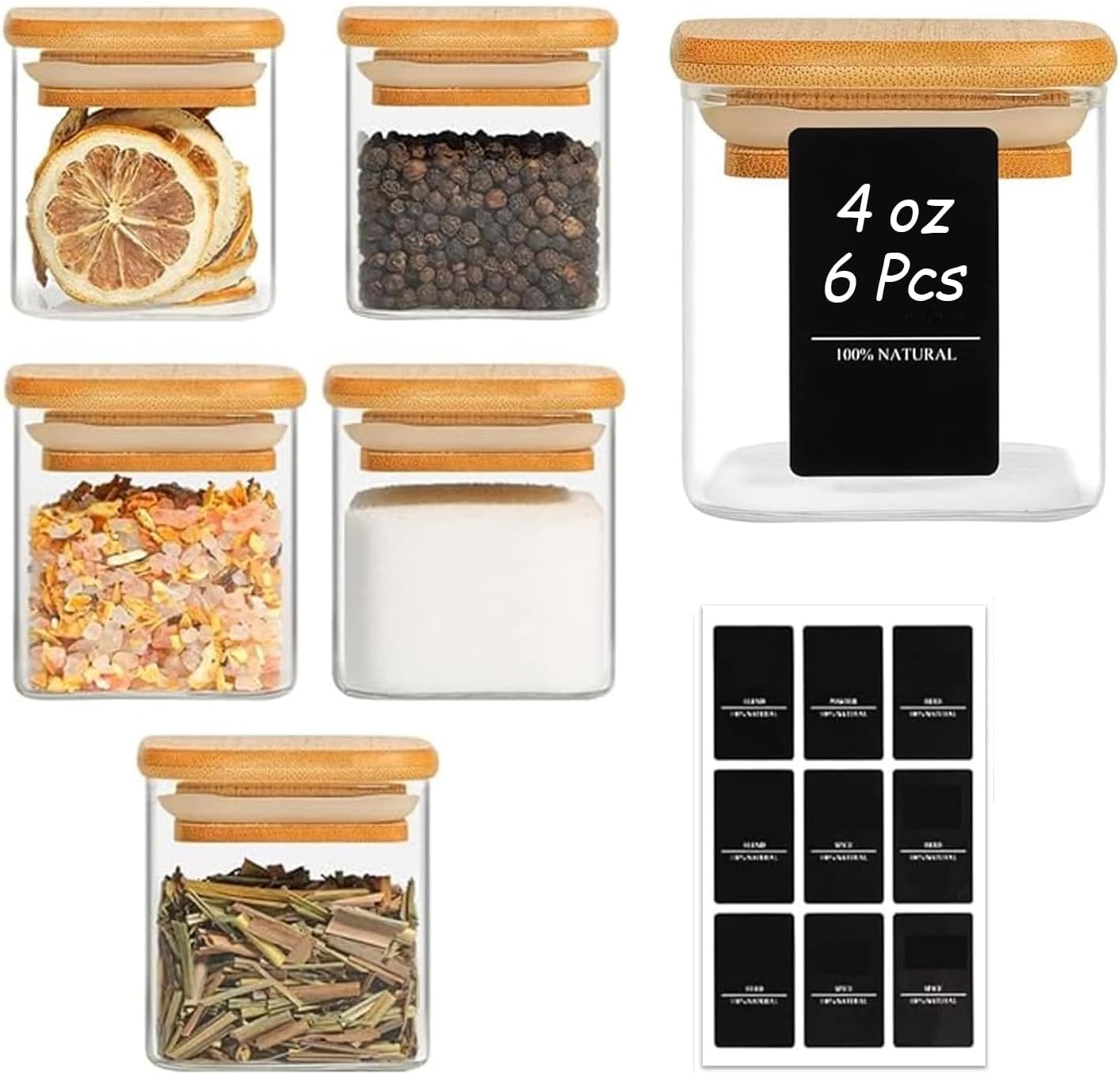 ComSaf 12Pcs Glass Spice Jars with Bamboo Lid, 10oz Airtight Square Containers with 275 Black Lables, Empty Seasoning Jars for Spice Salt Sugar