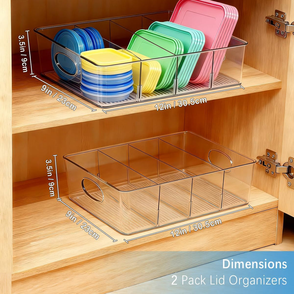 2 Pack Lid Organizer for Kitchen Cabinet Food Storage Container Lids, Clear Plastic Adjustable Dividers, Lid Organizers Inside Cabinet for Kitchen Organizers and Storage