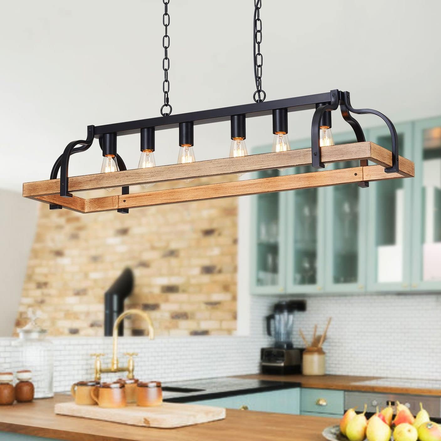 WUZUPS 4-Light Metal Pot Hanging Rack Chandelier Imitation Wood Grain Linear Pendant Ceiling Lighting Rustic Farmhouse Fixture Kitchen Island Dining Room, H 9.8" x L 34.6" x W11.8, E26 Base, Black