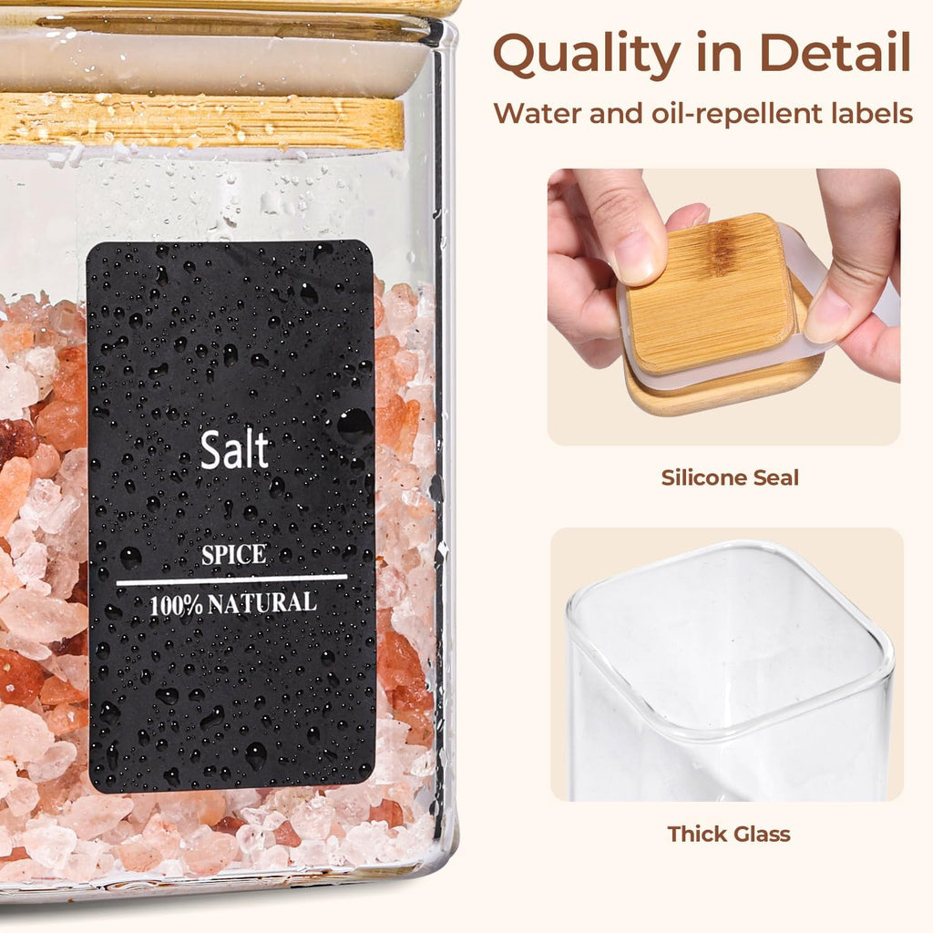 ComSaf 16Pcs Glass Spice Jars with Bamboo Lid, 6oz Airtight Square Containers with 275 Black Lables, Empty Seasoning Jars for Salt Sugar