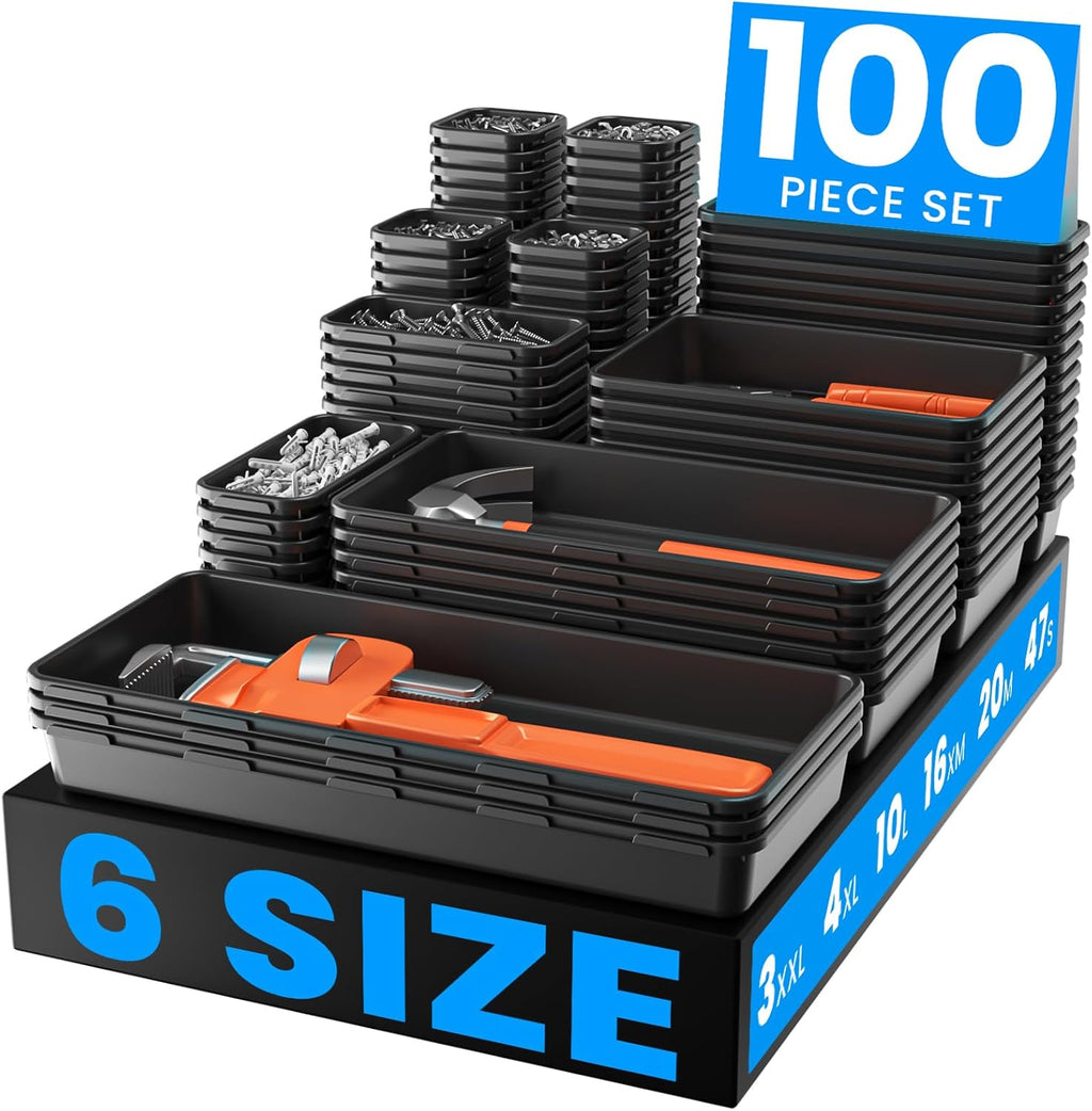 A-LuGei 【Fits 100+ Tools】 【100-Piece 6-Size】 Tool Organizer Tray Set - Black Plastic Drawer Dividers for Garage Cabinets, Rolling Tool Chests, Workbenches & Office Storage