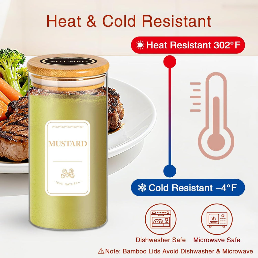 Spice Jars with Labels, 30Pcs 6oz Glass Spice Jars with Bamboo Lids, Minimalist Stackable Airtight Spice Containers with 426 labels for Kitchen Seasoning, Tea, Herbs, Coffee, Sugar,Shells