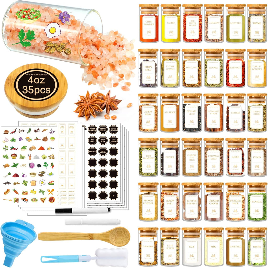 Spice Jars with Labels, 30Pcs 6oz Glass Spice Jars with Bamboo Lids, Minimalist Stackable Airtight Spice Containers with 426 labels for Kitchen Seasoning, Tea, Herbs, Coffee, Sugar,Shells
