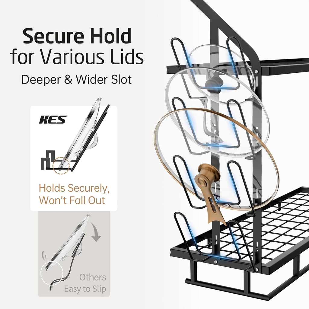 KES 30-Inch Pot Rack Wall Mounted with 8 Secure Lid Holders & 12 Sturdy Hooks, 2-Tier Kitchen Hanging Pot and Pan Organizer, Ample Storage for Tall Cookware, KUR215S75C-BK