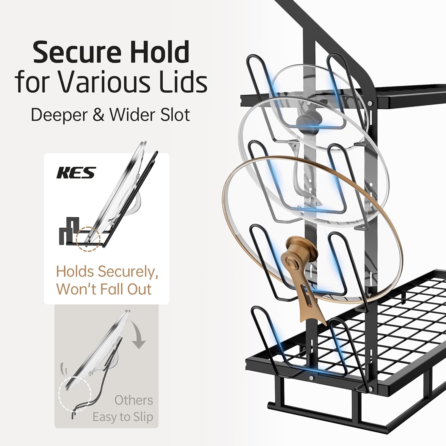 KES 30-Inch Pot Rack Wall Mounted with 8 Secure Lid Holders & 12 Sturdy Hooks, 2-Tier Kitchen Hanging Pot and Pan Organizer, Ample Storage for Tall Cookware, KUR215S75C-BK