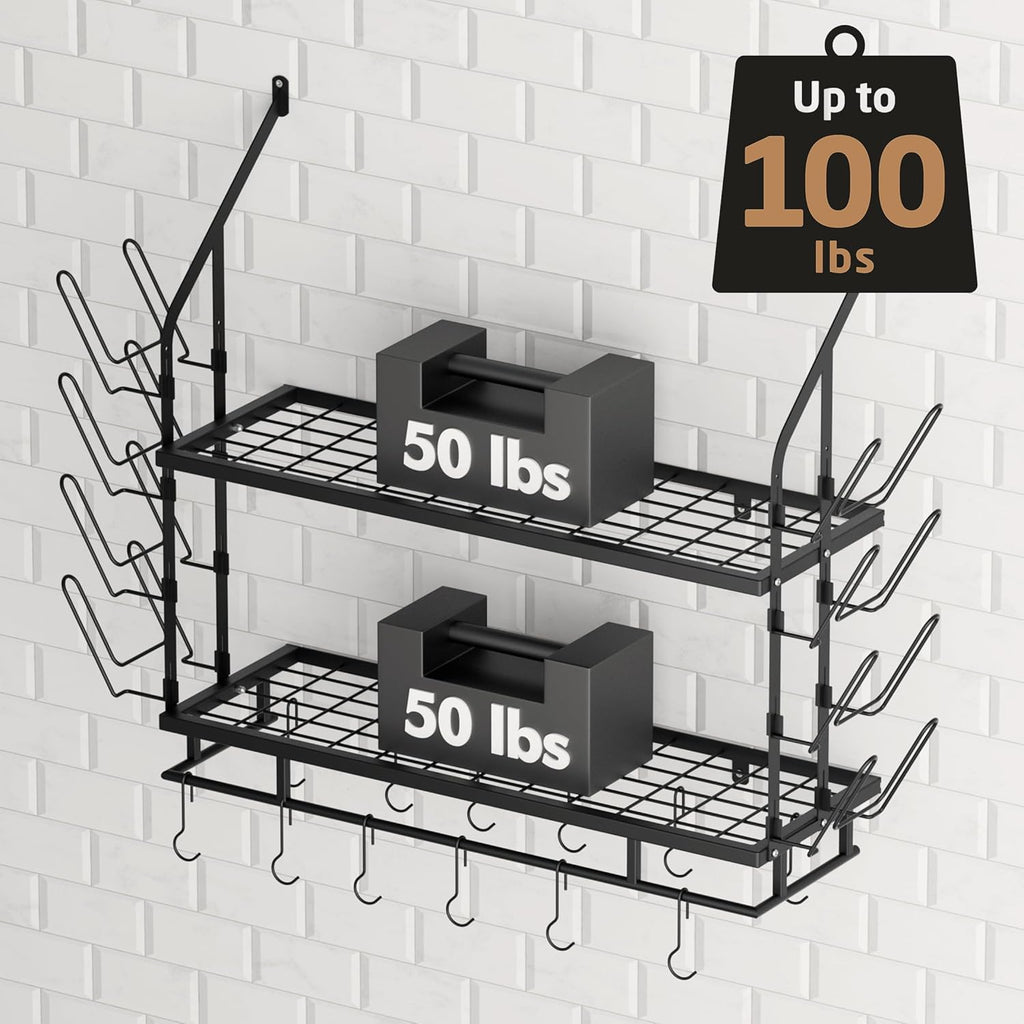 KES 30-Inch Pot Rack Wall Mounted with 8 Secure Lid Holders & 12 Sturdy Hooks, 2-Tier Kitchen Hanging Pot and Pan Organizer, Ample Storage for Tall Cookware, KUR215S75C-BK