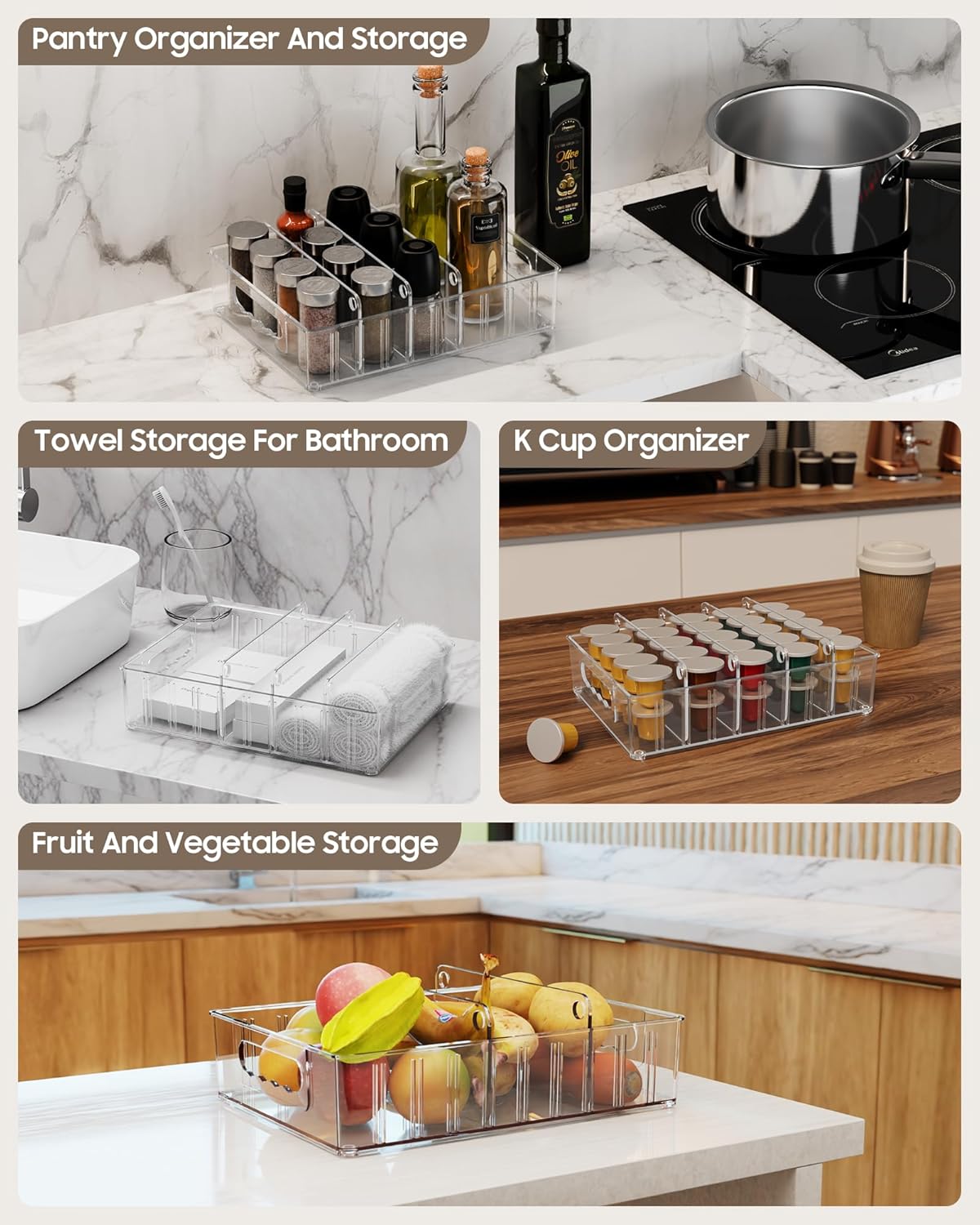 LYNG Lid Organizers Inside Cabinet, Clear Plastic Storage Lid Organizer With 4 Adjustable Dividers, Food Container Lid Organizer For Kitchen Pantry