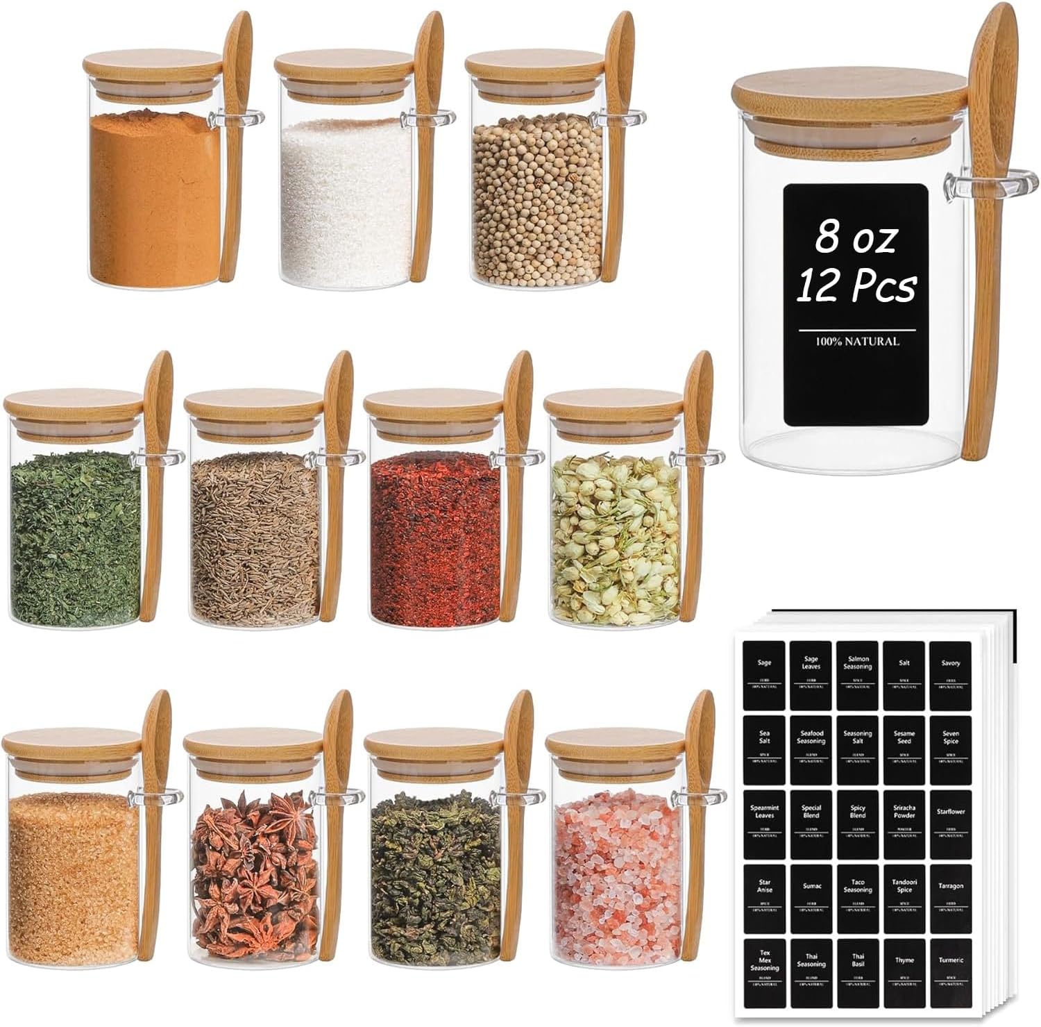 ComSaf 12Pcs Glass Spice Jars with Bamboo Lid, 10oz Airtight Square Containers with 275 Black Lables, Empty Seasoning Jars for Spice Salt Sugar