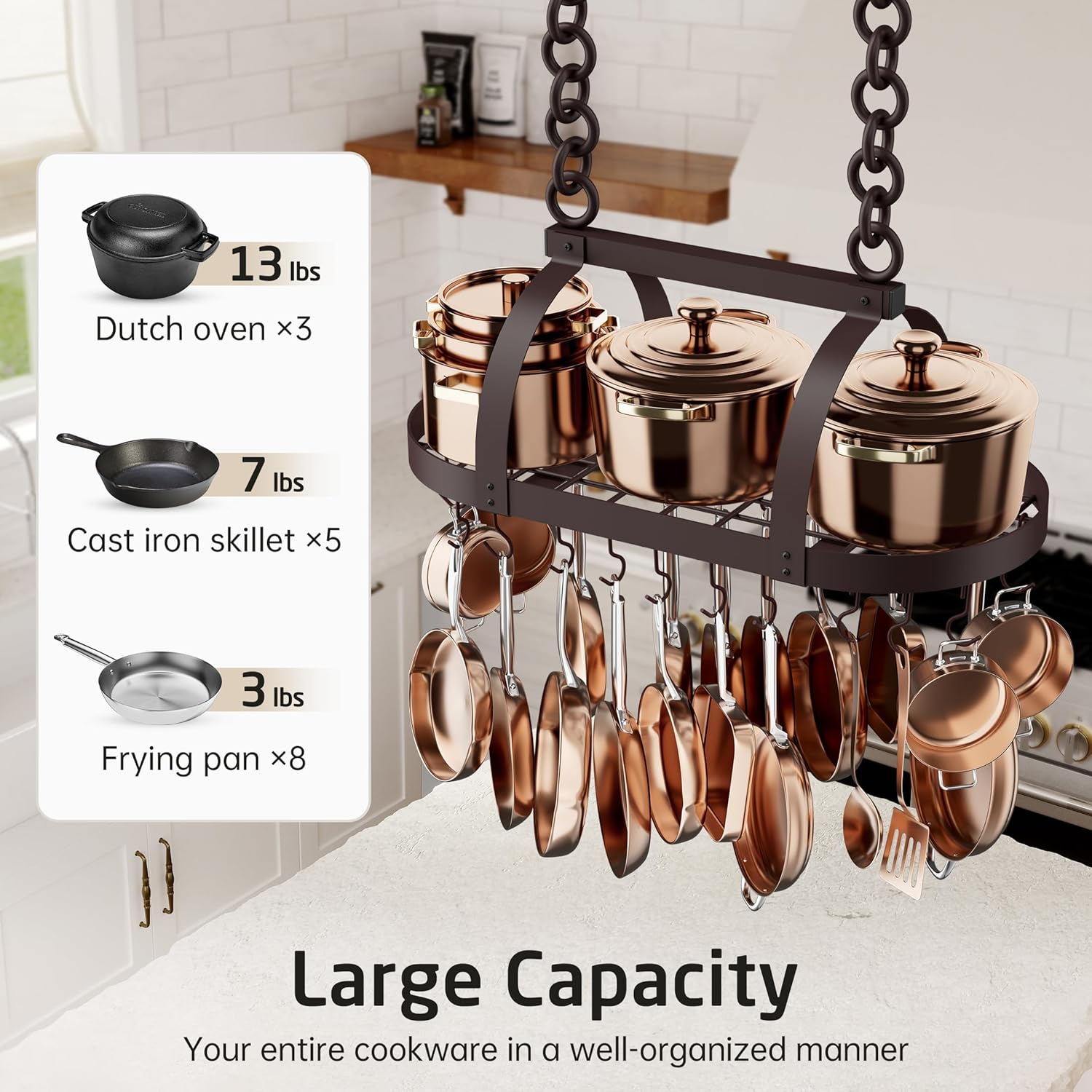 KES 34 Inch Oiled Bronze Hanging Pot Rack, Heavy Duty Oval Pot and Pan Hanging Rack Ceiling Mount, Pot Pan Hangers for Kitchen with 20 Hooks, (For 16" and 24" Joist Mount), KUR221S85-OB