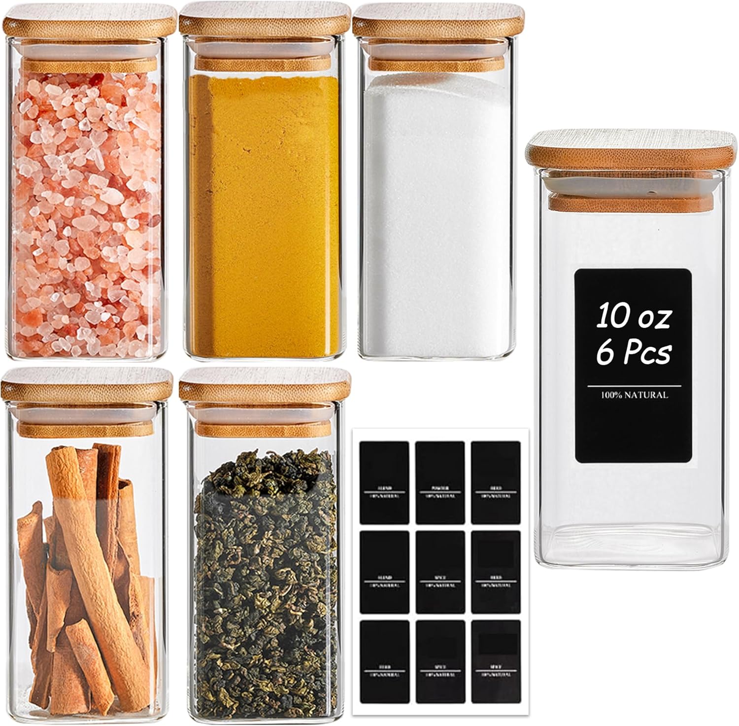 ComSaf 12Pcs Glass Spice Jars with Bamboo Lid, 10oz Airtight Square Containers with 275 Black Lables, Empty Seasoning Jars for Spice Salt Sugar