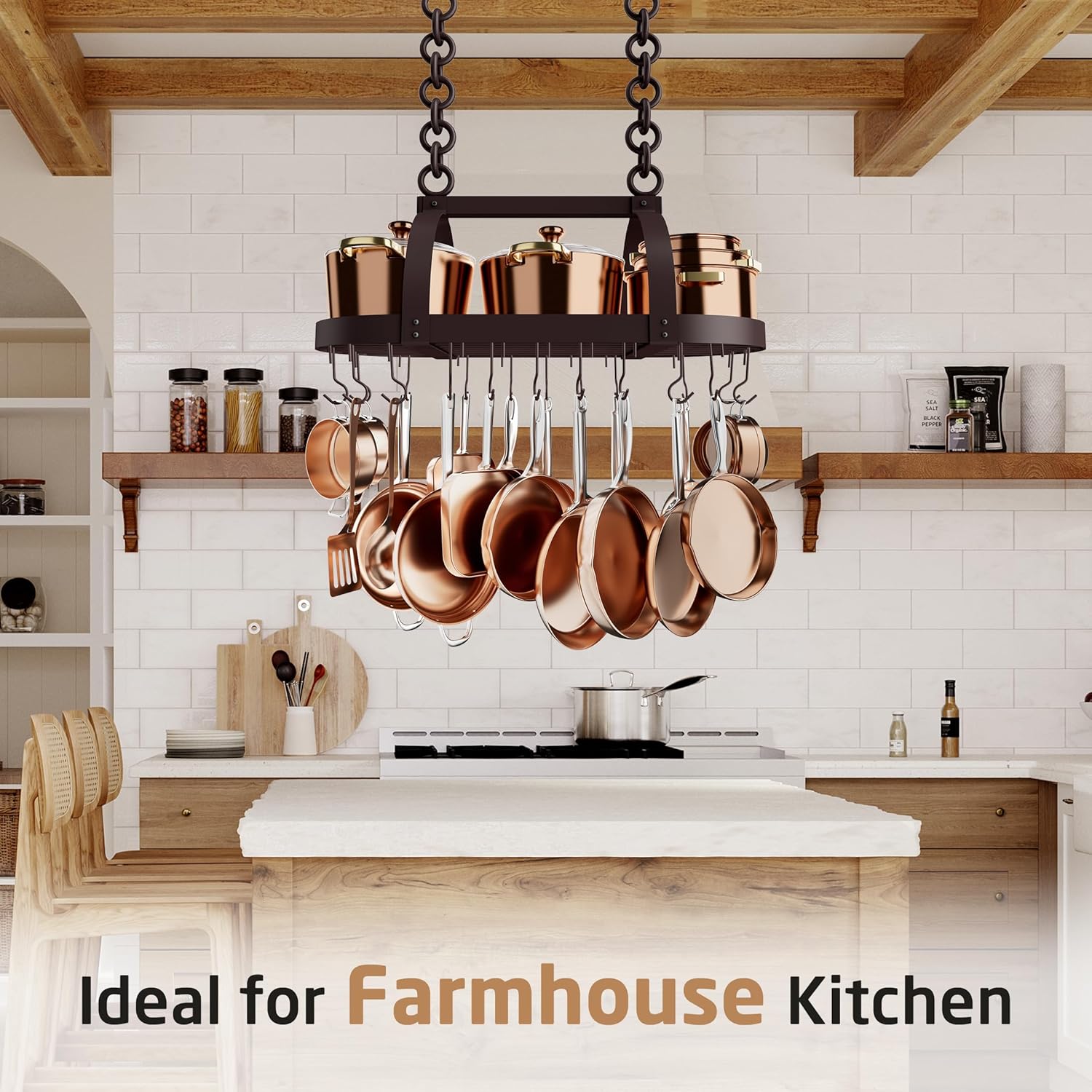 KES 34 Inch Oiled Bronze Hanging Pot Rack, Heavy Duty Oval Pot and Pan Hanging Rack Ceiling Mount, Pot Pan Hangers for Kitchen with 20 Hooks, (For 16" and 24" Joist Mount), KUR221S85-OB