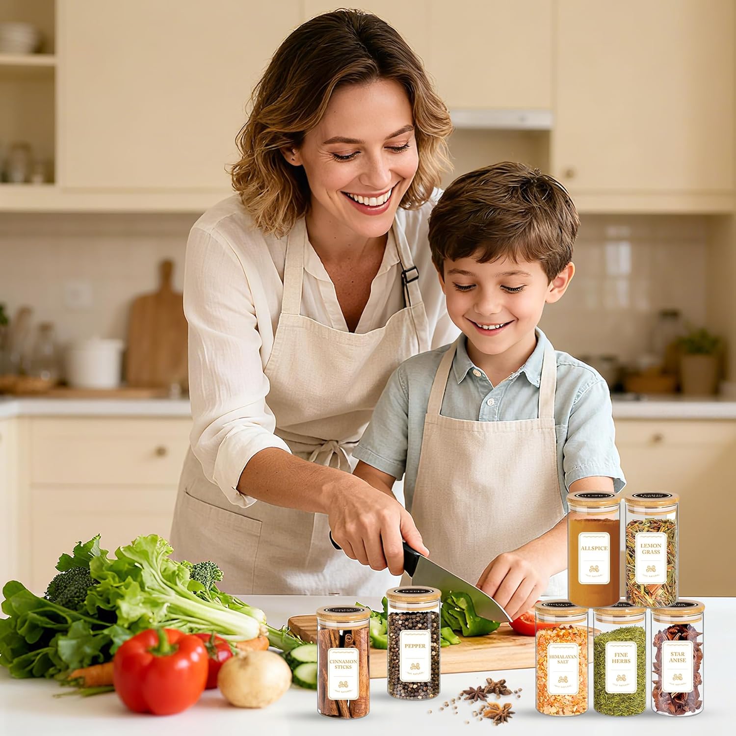 Spice Jars with Labels, 30Pcs 6oz Glass Spice Jars with Bamboo Lids, Minimalist Stackable Airtight Spice Containers with 426 labels for Kitchen Seasoning, Tea, Herbs, Coffee, Sugar,Shells