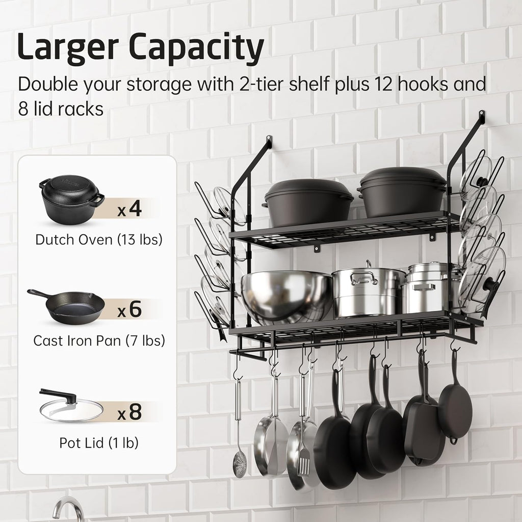 KES 30-Inch Pot Rack Wall Mounted with 8 Secure Lid Holders & 12 Sturdy Hooks, 2-Tier Kitchen Hanging Pot and Pan Organizer, Ample Storage for Tall Cookware, KUR215S75C-BK