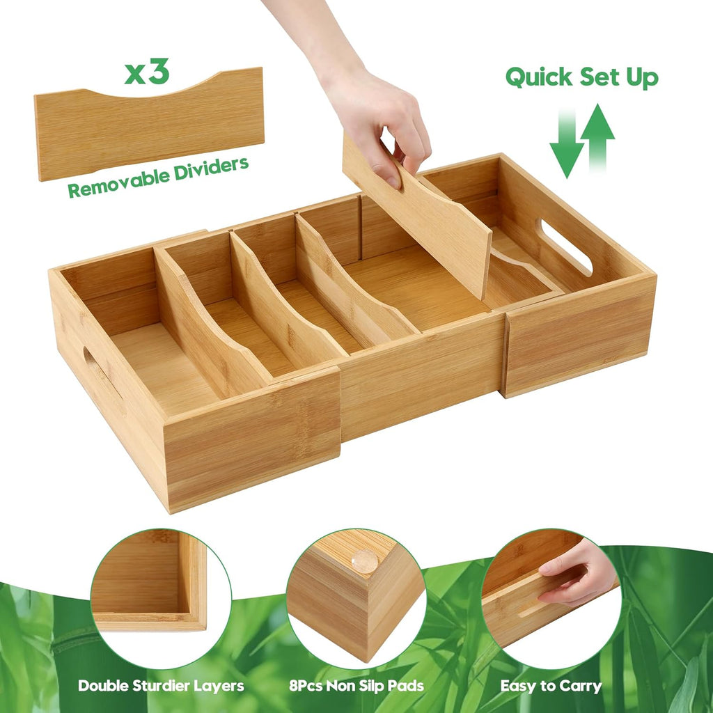 Expandable Food Container Lid Organizers Inside Cabinet, Bamboo Lids Organizer with 3 Adjustable Dividers Groove Design, Food Storage Plastic Lid Holder for Kitchen Storage, Organization