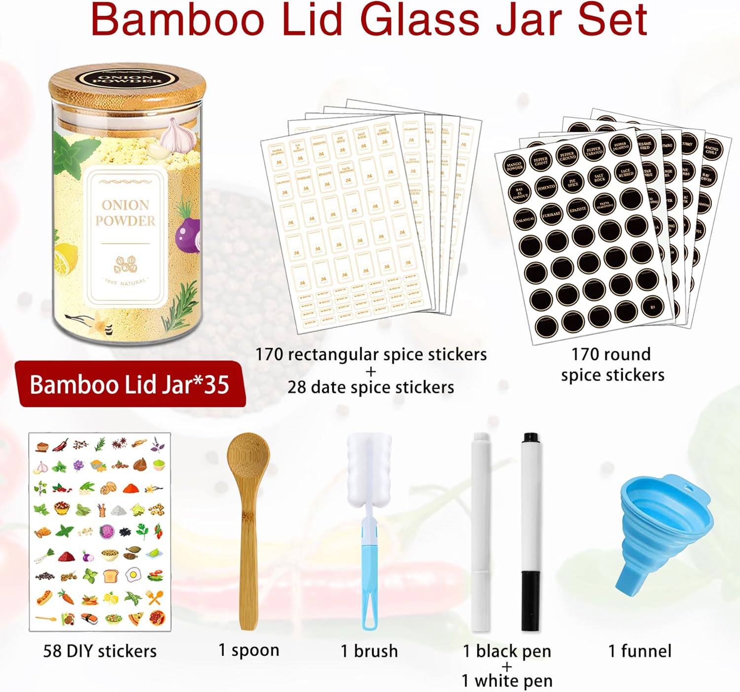 Spice Jars with Labels, 35 Pcs 4 oz Glass Spice Jars with Bamboo Lids, Minimalist Stackable Airtight Spice Containers with 426 labels for Home Kitchen, Pantry, Spice Cabinet, Drawer, Rack