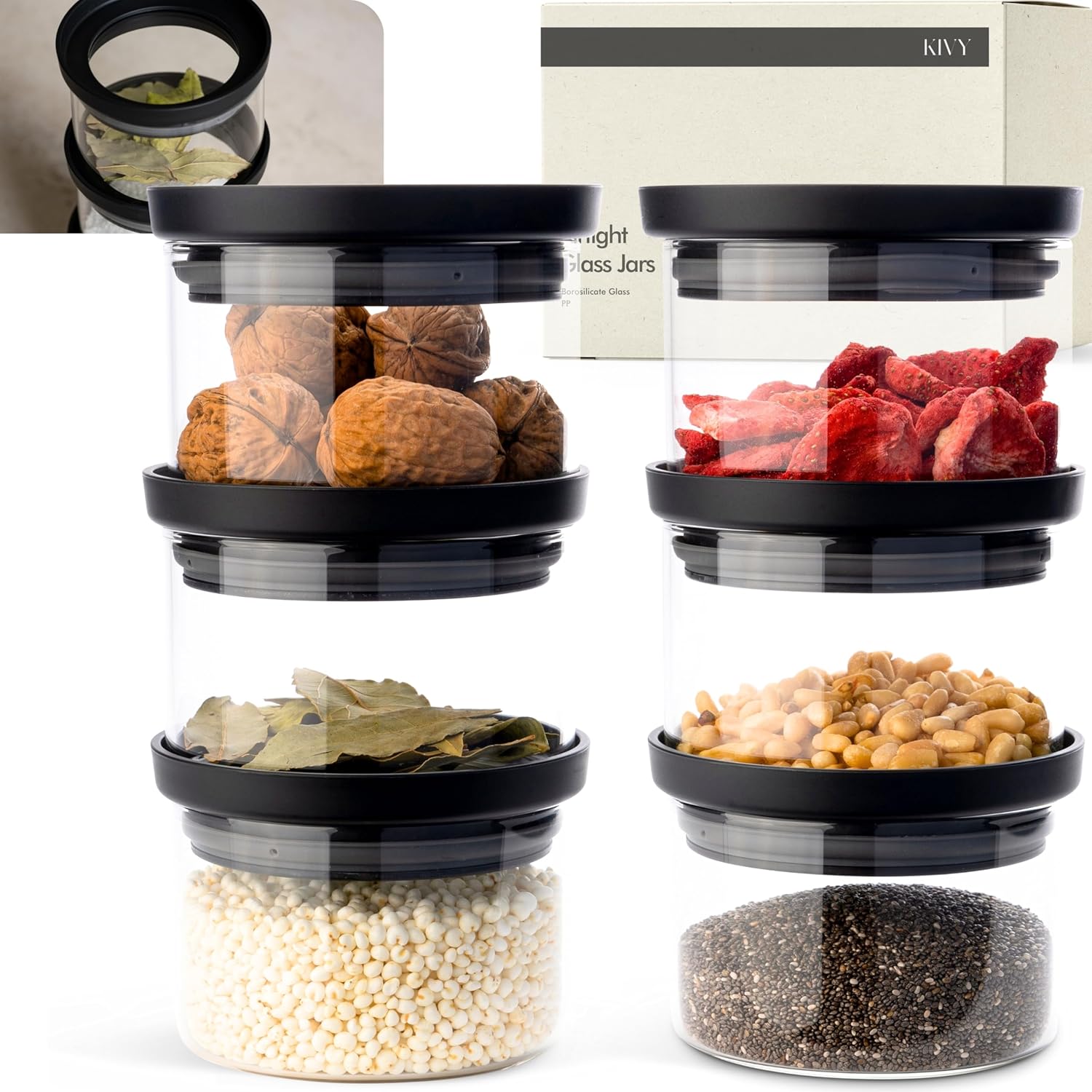 KIVY Glass spice jars transparent Glass Lid [6x 12oz] Stackable & Airtight small glass jars - Spice containers - Seasoning jars tea - Spice storage containers - Spice jars with black lids & labels