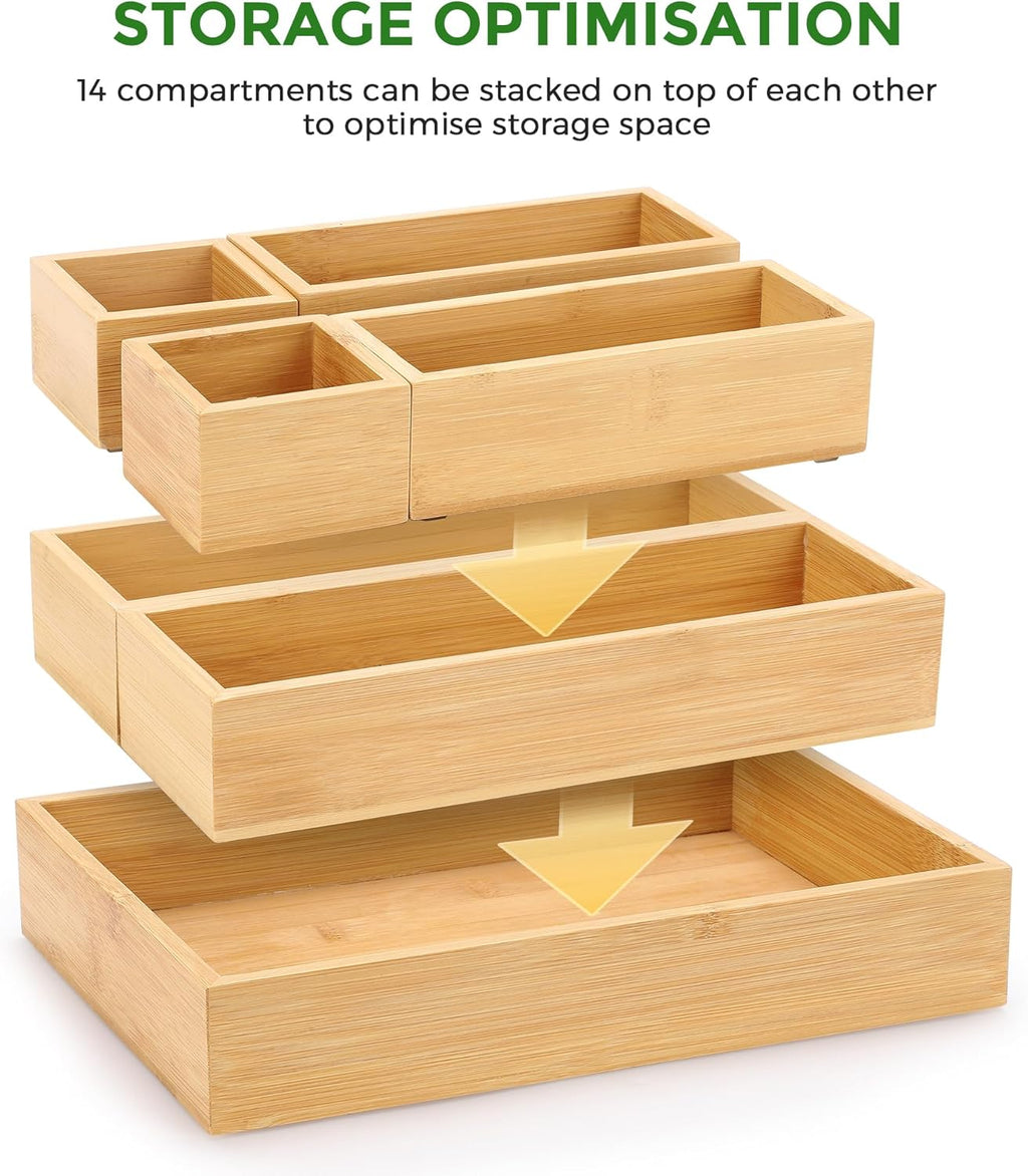 Bamboo Drawer Organizer Set, 14 PCS Multi-Use Individual Wood Storage Organizers, Junk Drawer Divider and Storage Trays Containers for Kitchen, Bathroom, Office Desk, Makeup, Jewelry, Utensils