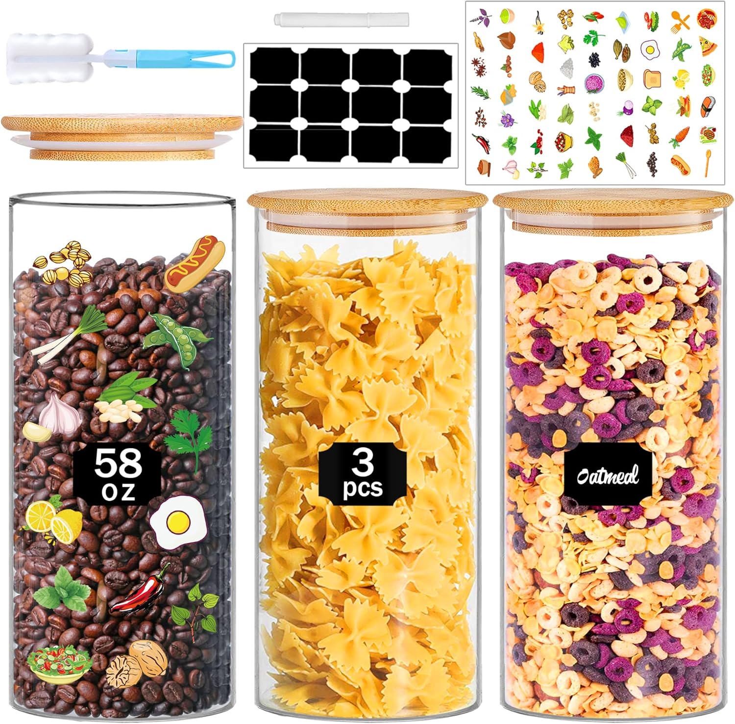 Spice Jars with Labels, 30Pcs 6oz Glass Spice Jars with Bamboo Lids, Minimalist Stackable Airtight Spice Containers with 426 labels for Kitchen Seasoning, Tea, Herbs, Coffee, Sugar,Shells