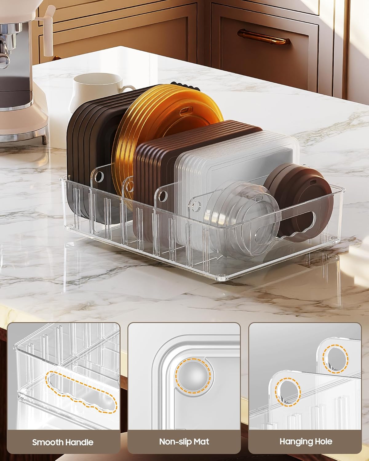 LYNG Lid Organizers Inside Cabinet, Clear Plastic Storage Lid Organizer With 4 Adjustable Dividers, Food Container Lid Organizer For Kitchen Pantry