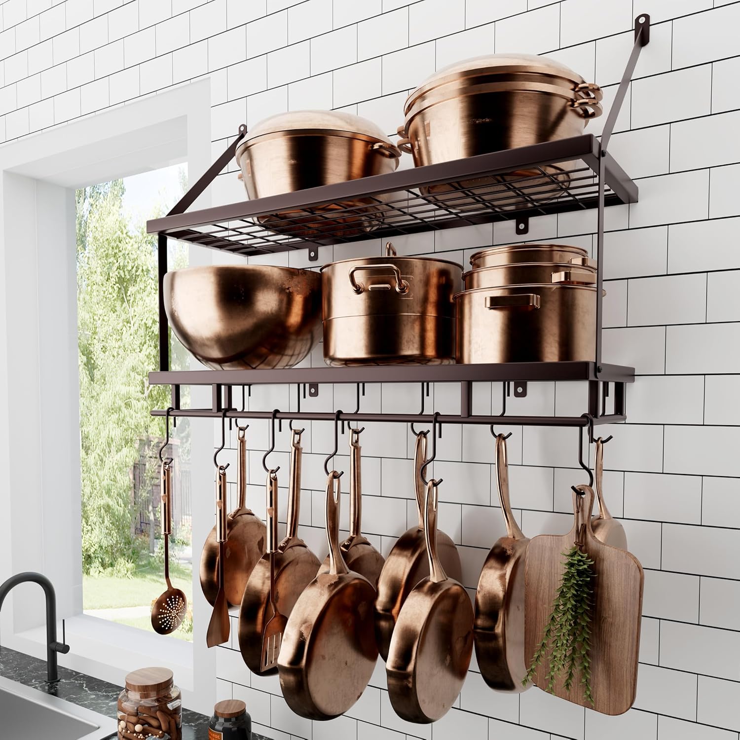 KES 30-Inch Gold Pot Rack Wall Mounted, 2-Tier Hanging Pot and Pan Organizer with 12 Sturdy Hooks, Elegant Modern Kitchen Wall Hanger Shelves, KUR215S75B-GD
