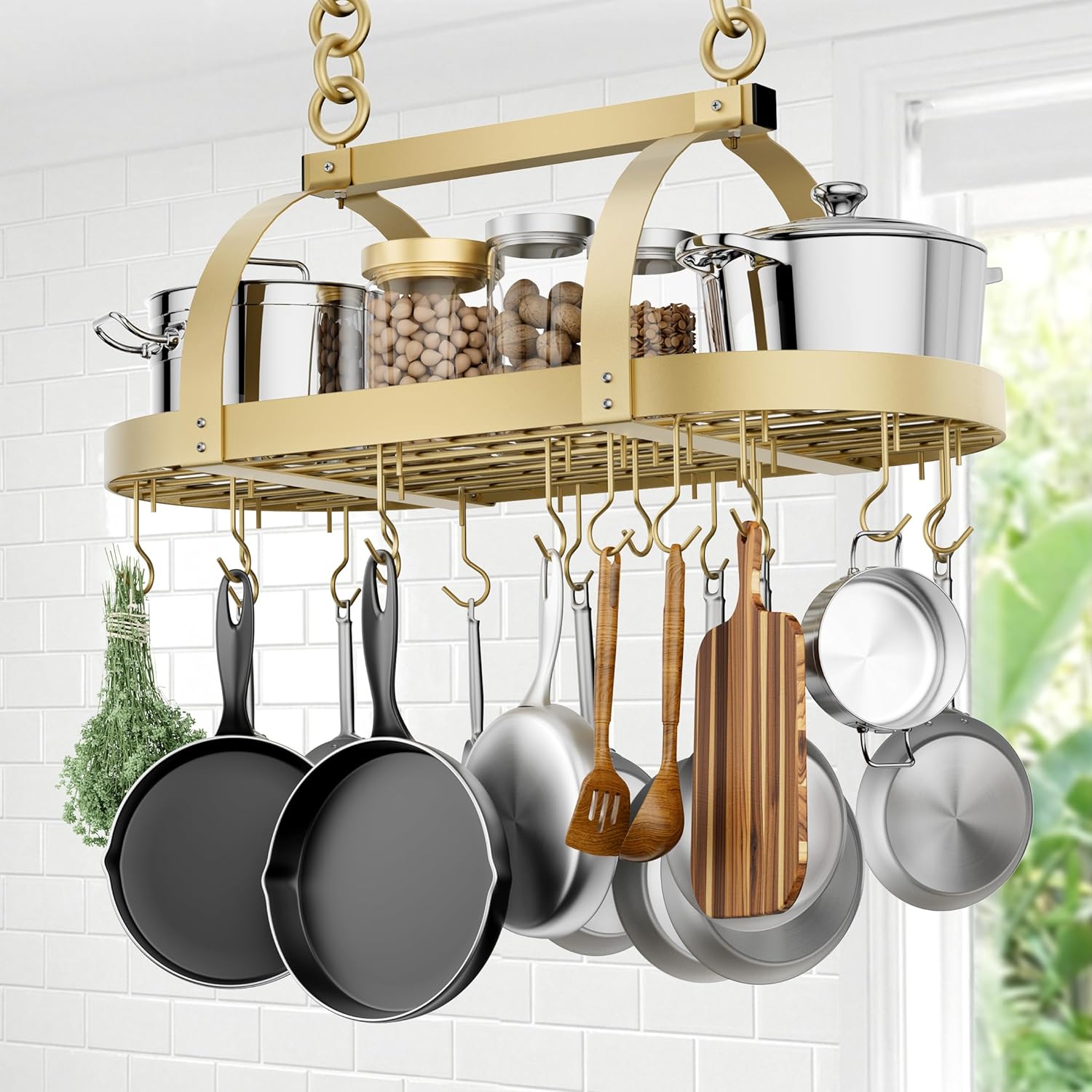 KES 34 Inch Oiled Bronze Hanging Pot Rack, Heavy Duty Oval Pot and Pan Hanging Rack Ceiling Mount, Pot Pan Hangers for Kitchen with 20 Hooks, (For 16" and 24" Joist Mount), KUR221S85-OB