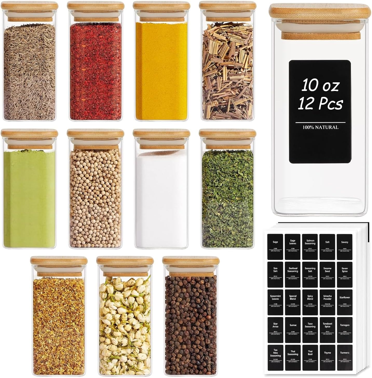 ComSaf 16Pcs Glass Spice Jars with Bamboo Lid, 6oz Airtight Square Containers with 275 Black Lables, Empty Seasoning Jars for Salt Sugar