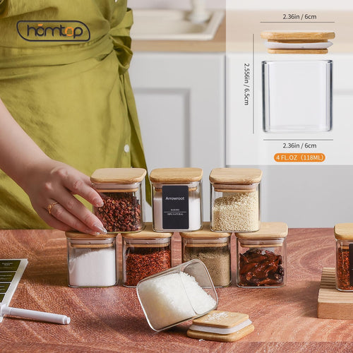 24Pcs 4oz Spice Jars with 275 Labels, Small Seasoning Glass Container Empty Organizer with Bamboo Lid Set for Pepper, Salt, Sugar