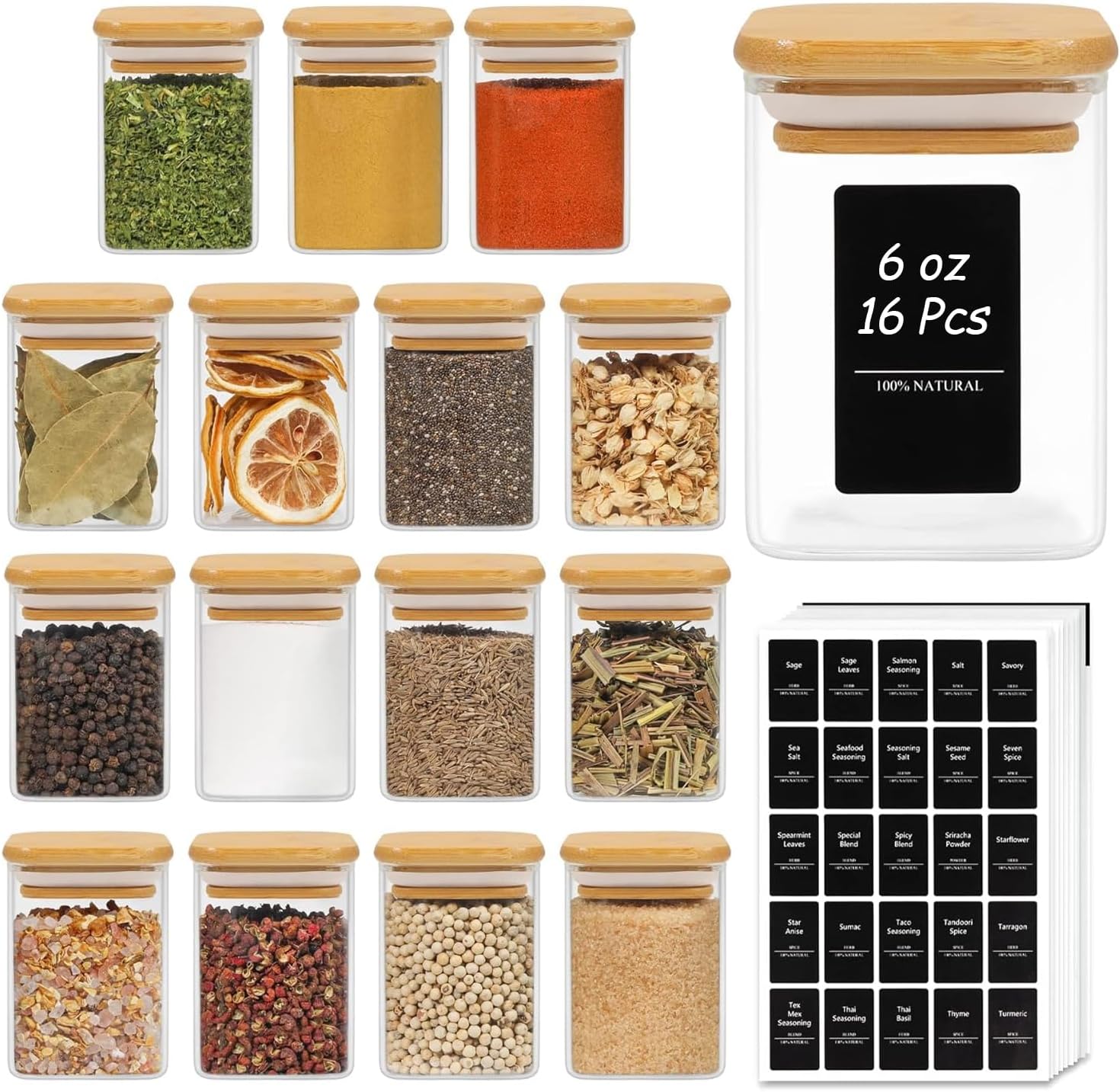 ComSaf 12Pcs Glass Spice Jars with Bamboo Lid, 10oz Airtight Square Containers with 275 Black Lables, Empty Seasoning Jars for Spice Salt Sugar