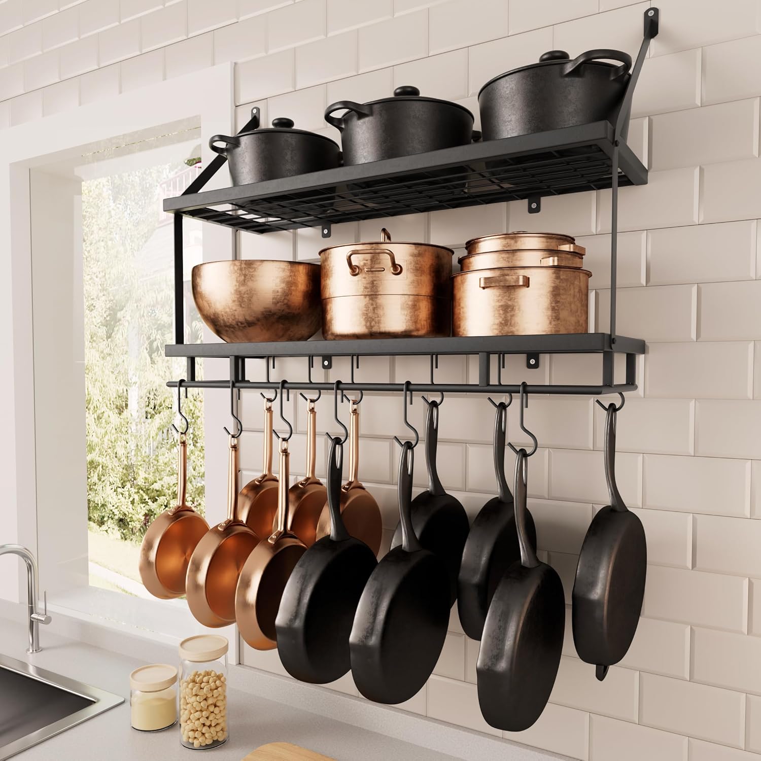 KES 30-Inch Gold Pot Rack Wall Mounted, 2-Tier Hanging Pot and Pan Organizer with 12 Sturdy Hooks, Elegant Modern Kitchen Wall Hanger Shelves, KUR215S75B-GD