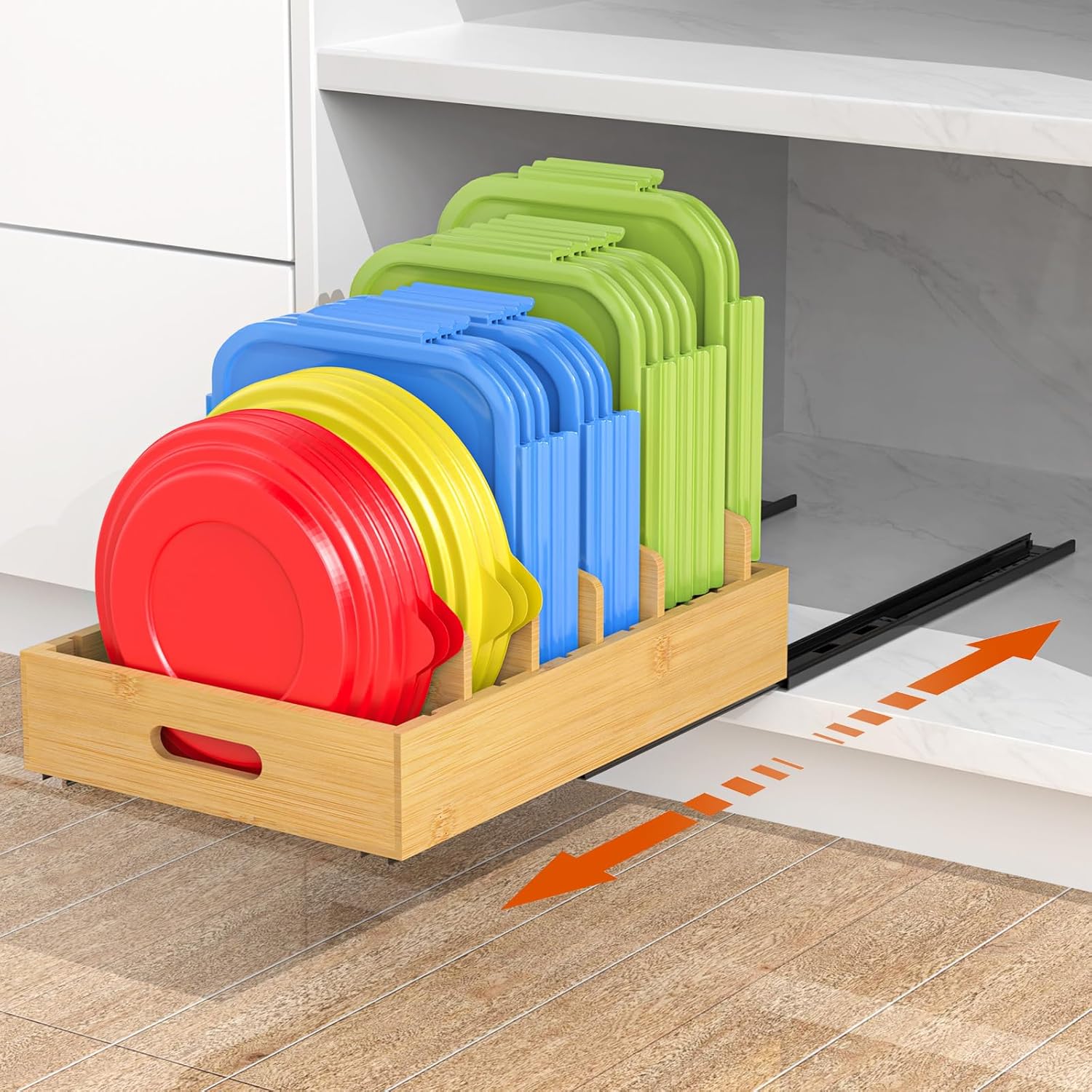 Housolution Pull Out Food Container Lid Organizer with Sliding Rail, Slide Out Plastic Lid Holder Compatible with Tupperware, Bamboo Storage Box with 5 Adjustable Dividers for Kitchen Cabinet, 2 Pack