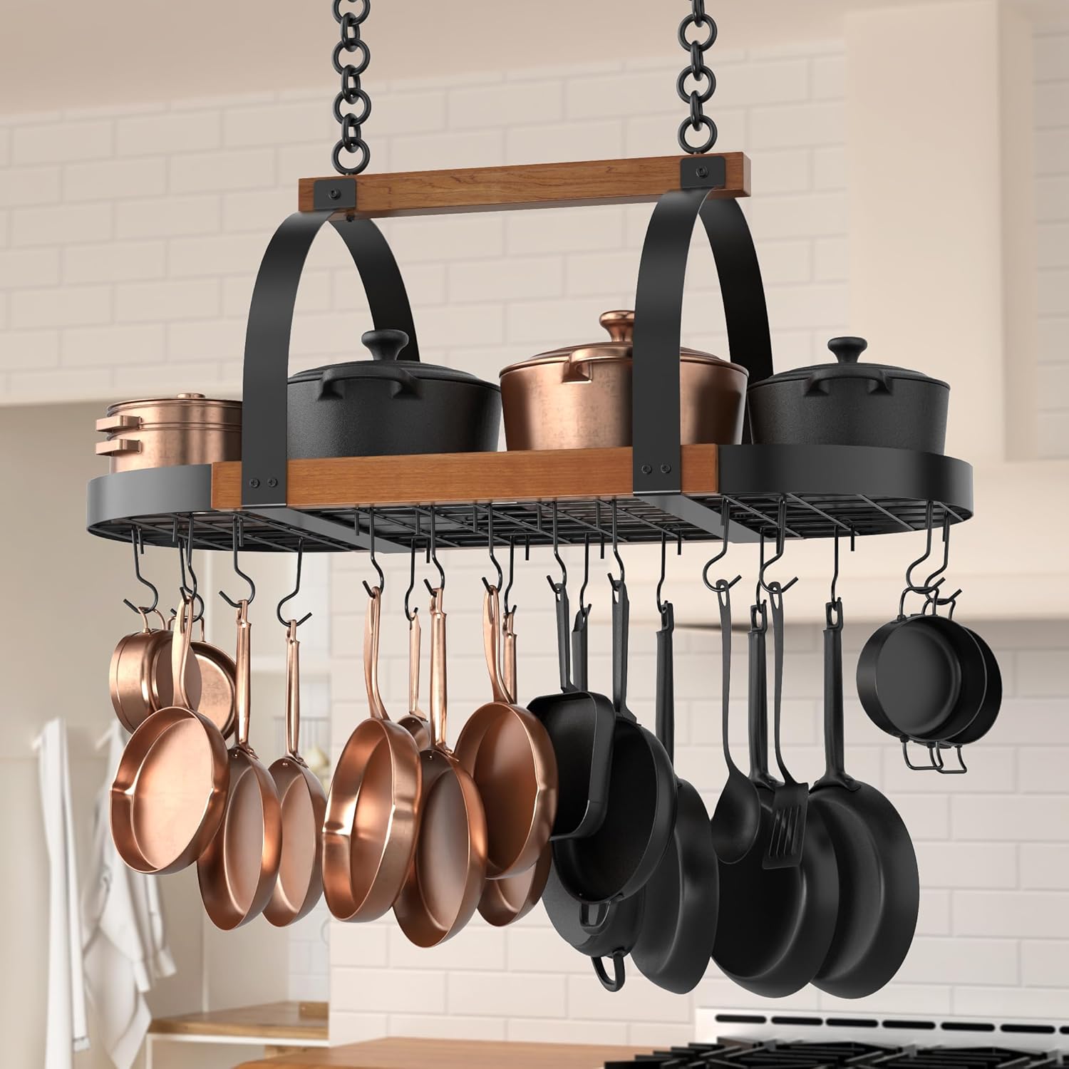 KES Natural Solid Wood 39 Inch Large Hanging Pot Rack, 130 LBS Capacity Heavy Duty Oval Pot and Pan Hanging Rack Ceiling Mount, Pot Pan Hangers Organizer for Kitchen, 20 Hooks (For 16" and 24" Joist)