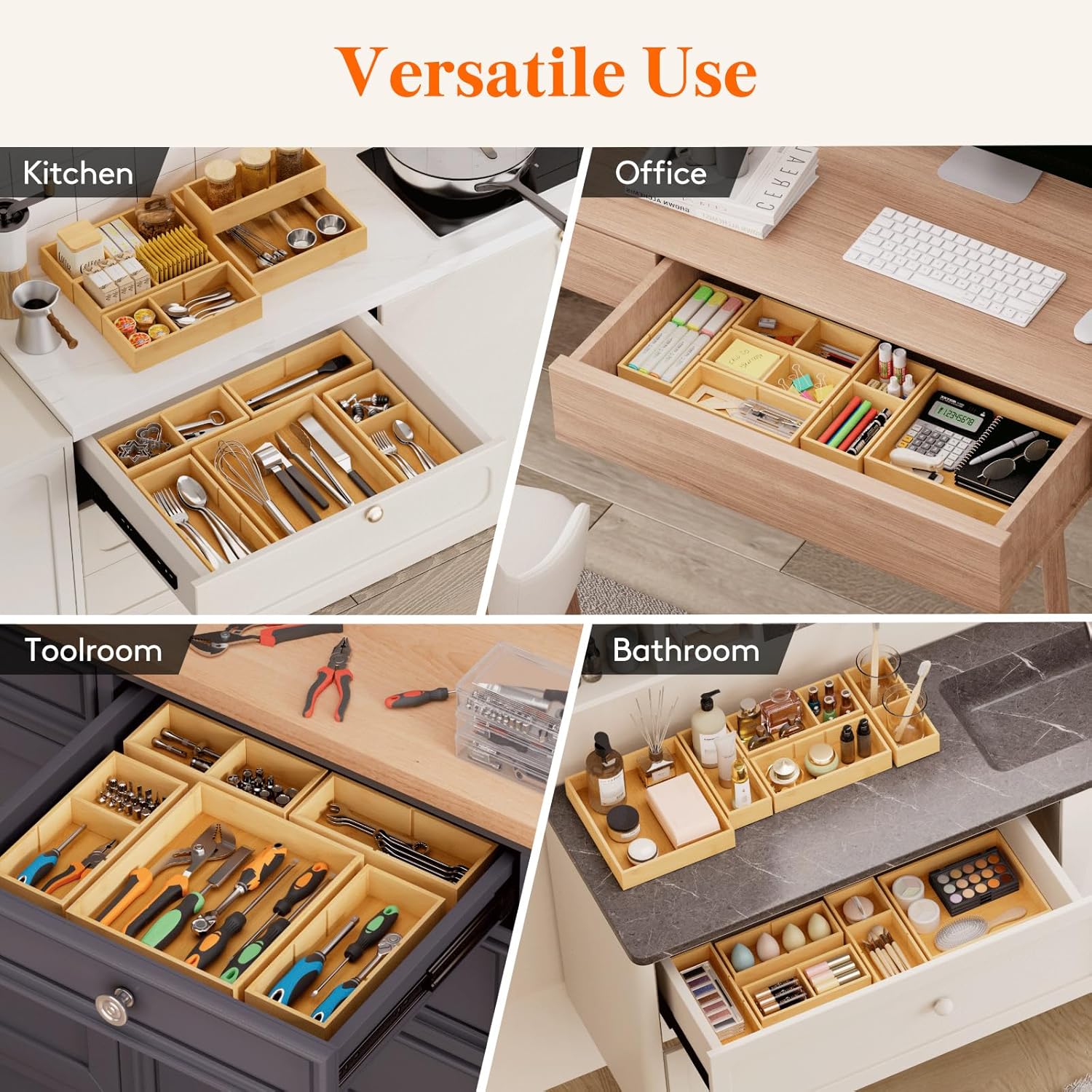 Lifewit Drawer Organizer 15 Pack(33 Grid) with 18 Inserts, Wooden Adjustable Desk Drawer Divider Trays, Storage Bins for Makeup, Kitchen Utensils, Vanity Accessories in Office/Bathroom/Bedroom