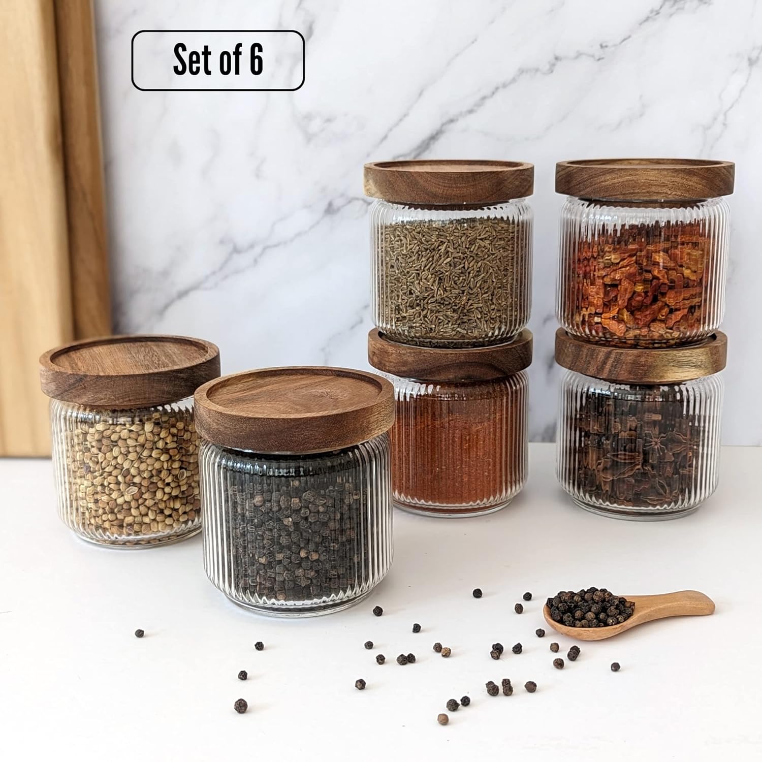 Mason & Fable 12 fl oz, 350ml Glass Food Storage Jars with Wood Lids (6pcs) - Stylish Ribbed Pattern for Kitchen Organization and Storage Containers for Spice, Tea, Coffee/Sugar