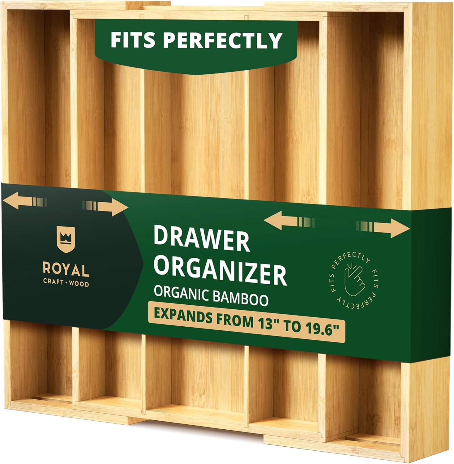 ROYAL CRAFT WOOD Luxury Bamboo Kitchen Drawer Organizer - Silverware Organizer - Utensil Holder and Cutlery Tray with Grooved Drawer Dividers for Flatware and Kitchen Utensils (9 Slot, Brown Bamboo)