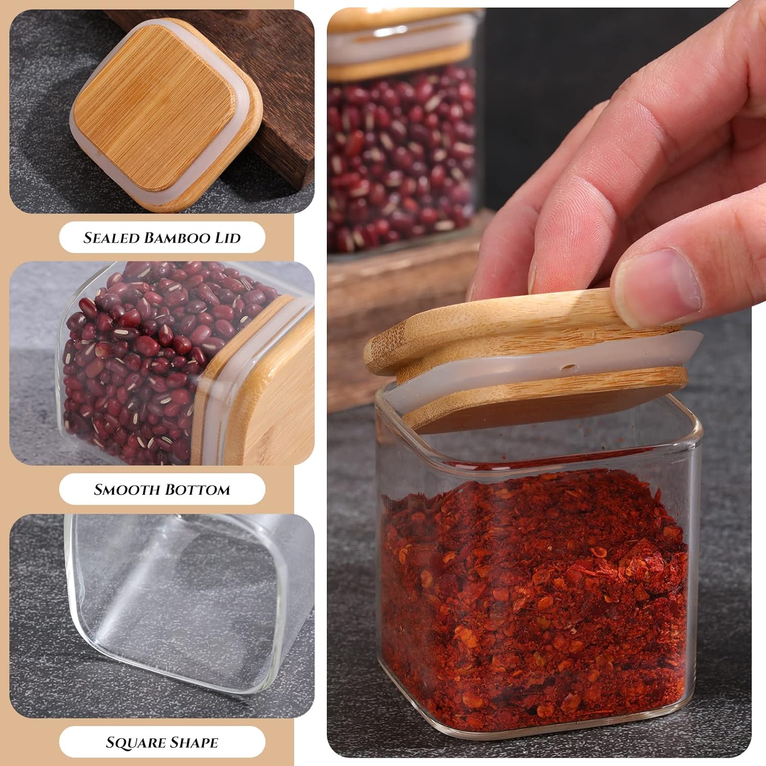 Nuenen Set of 24 Airtight Square Spice Containers 4 oz Glass Spice Jars with Bamboo Lid Small Seasoning Jars Empty Food Storage Containers for Pantry Clear Food Canisters for Kitchen Sugar Coffee