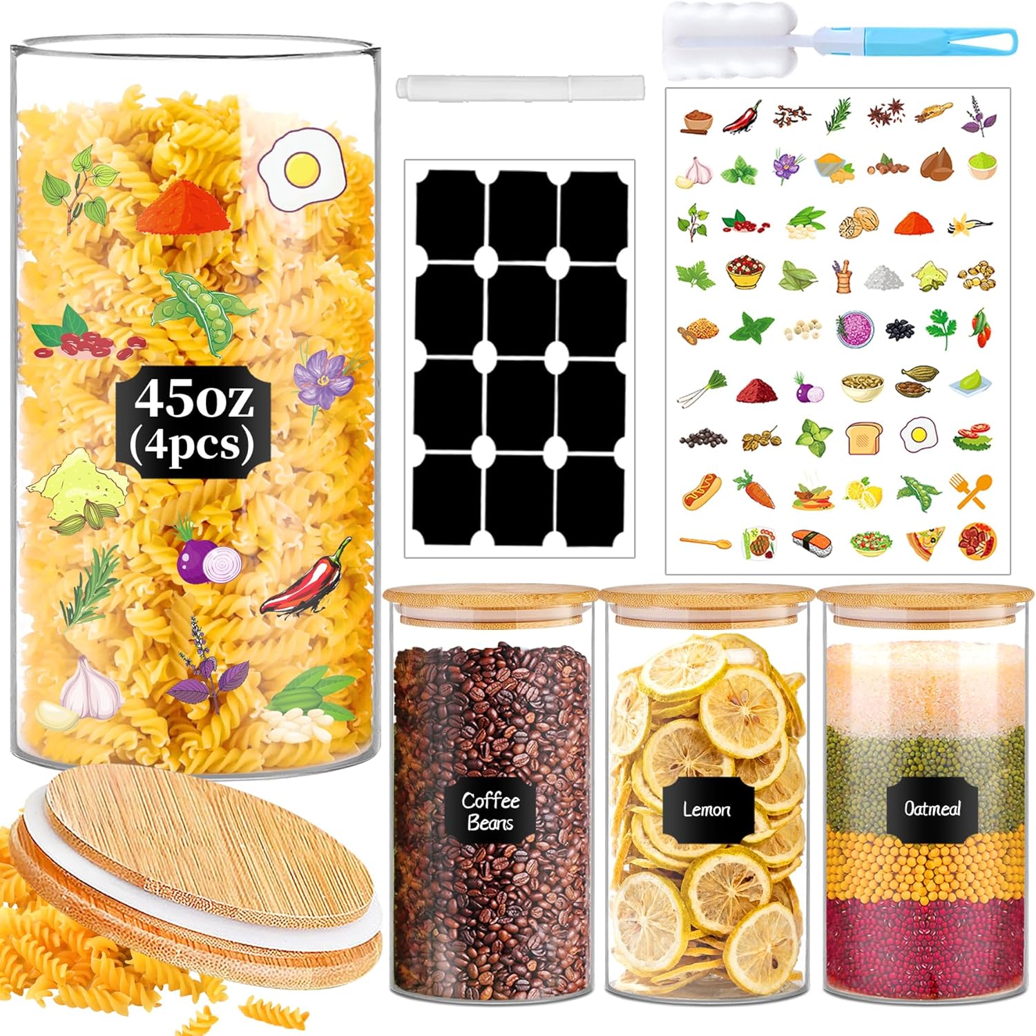 Spice Jars with Labels, 35 Pcs 4 oz Glass Spice Jars with Bamboo Lids, Minimalist Stackable Airtight Spice Containers with 426 labels for Home Kitchen, Pantry, Spice Cabinet, Drawer, Rack