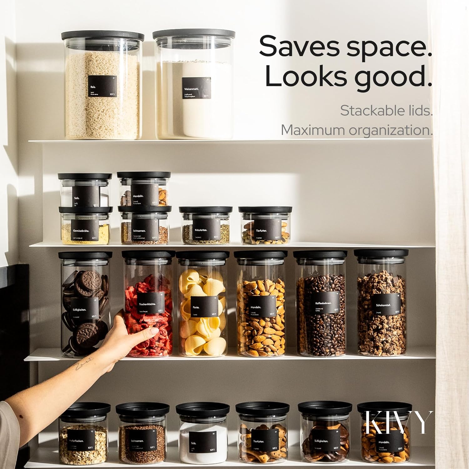 KIVY Glass spice jars transparent Glass Lid [6x 12oz] Stackable & Airtight small glass jars - Spice containers - Seasoning jars tea - Spice storage containers - Spice jars with black lids & labels