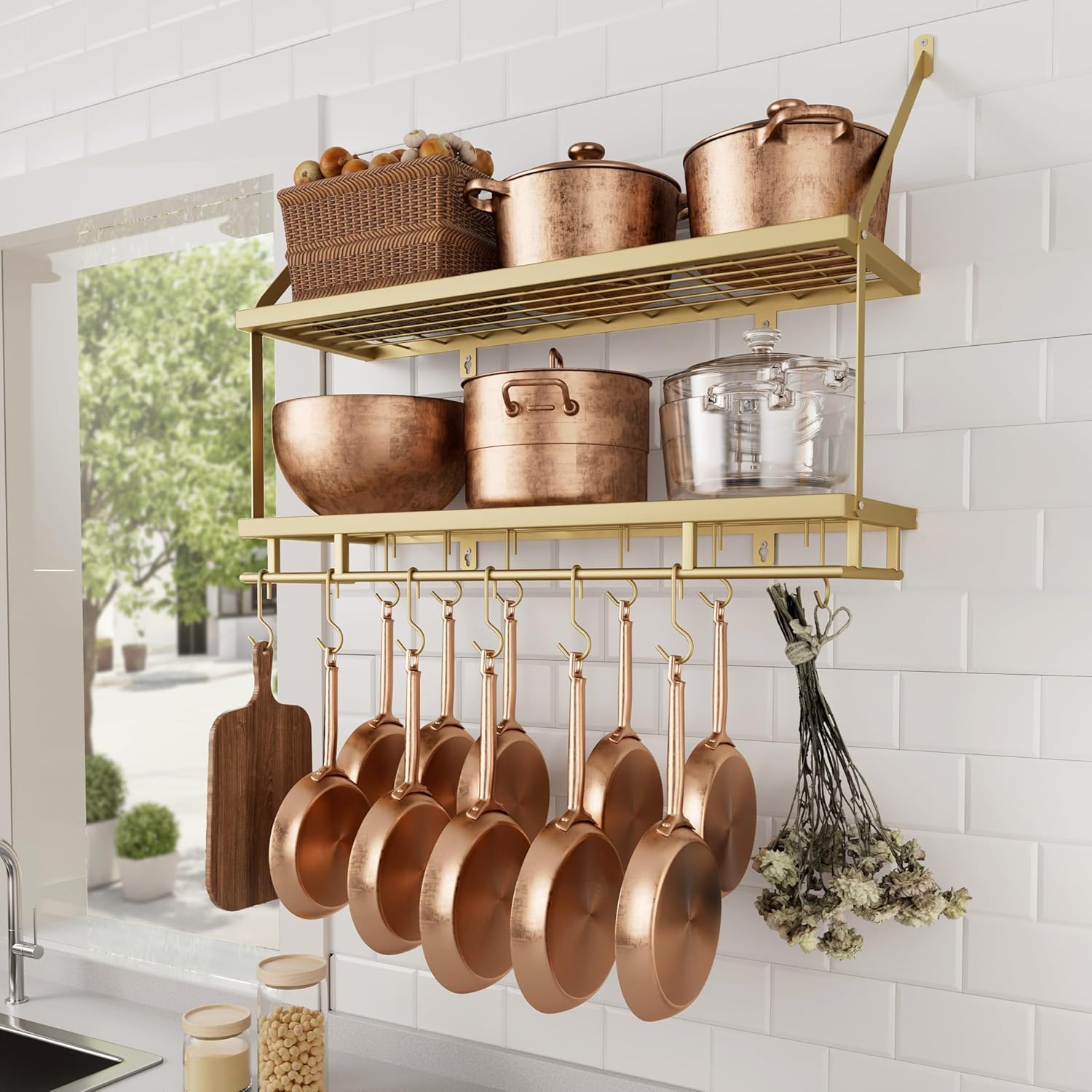 KES 30-Inch Gold Pot Rack Wall Mounted, 2-Tier Hanging Pot and Pan Organizer with 12 Sturdy Hooks, Elegant Modern Kitchen Wall Hanger Shelves, KUR215S75B-GD