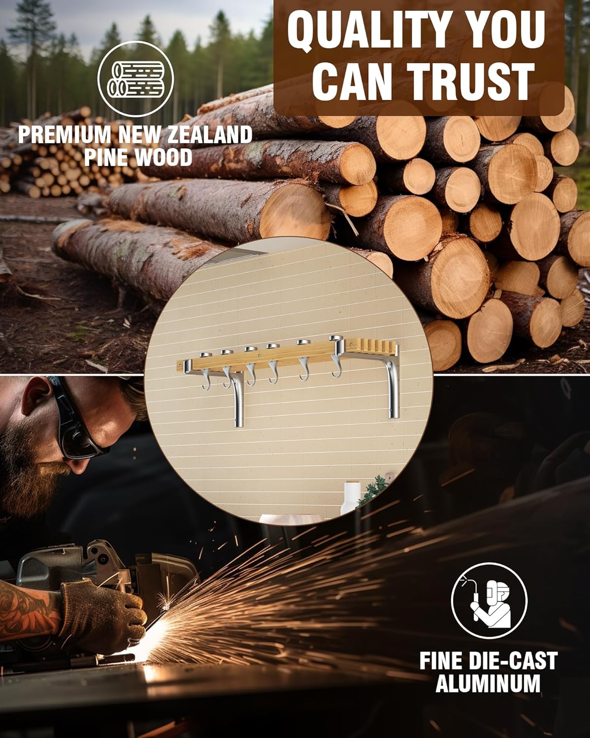 Cooks Standard Wall Mounted Wooden Pot Rack, 36 by 8-Inch