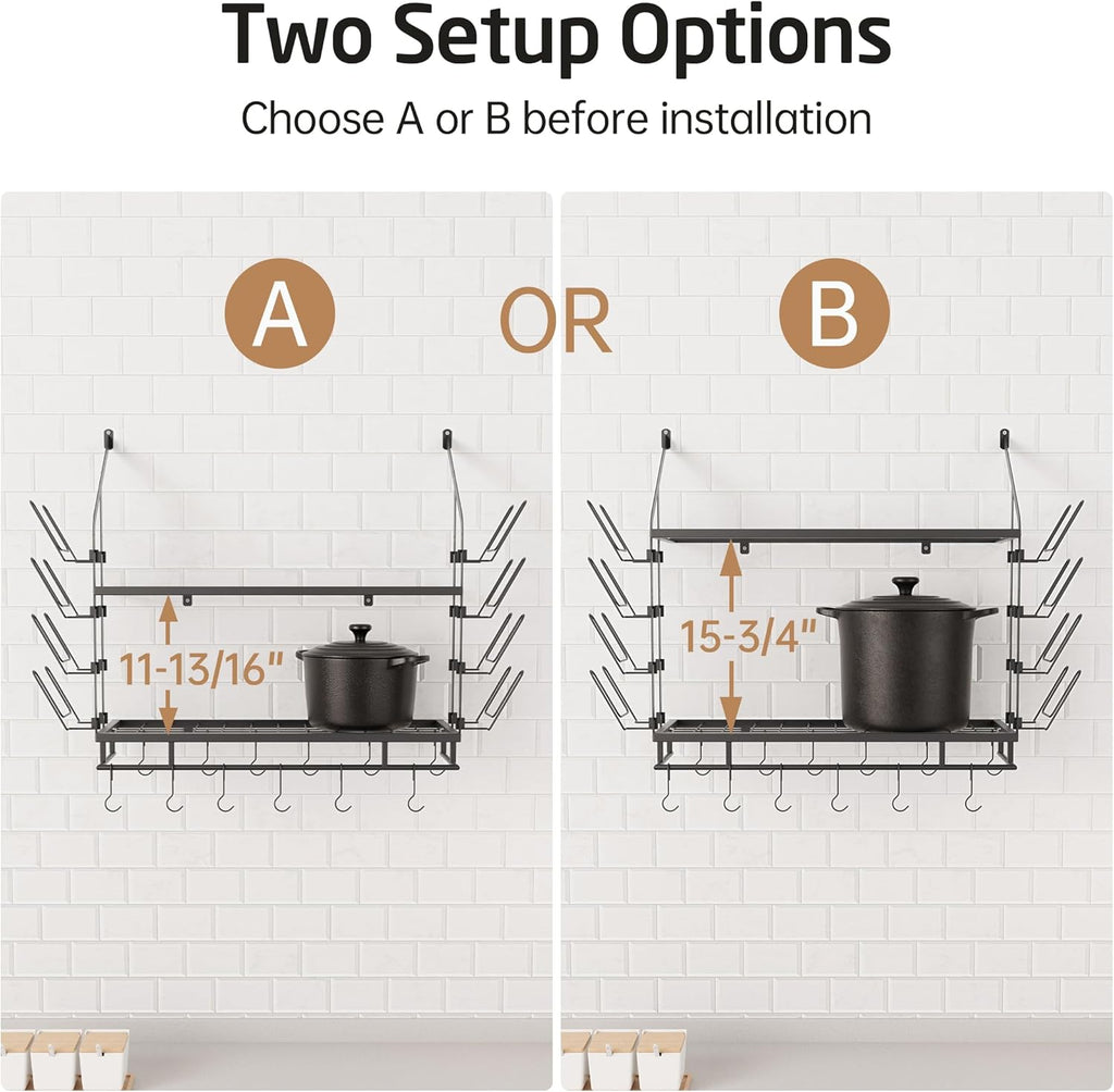 KES 30-Inch Pot Rack Wall Mounted with 8 Secure Lid Holders & 12 Sturdy Hooks, 2-Tier Kitchen Hanging Pot and Pan Organizer, Ample Storage for Tall Cookware, KUR215S75C-BK