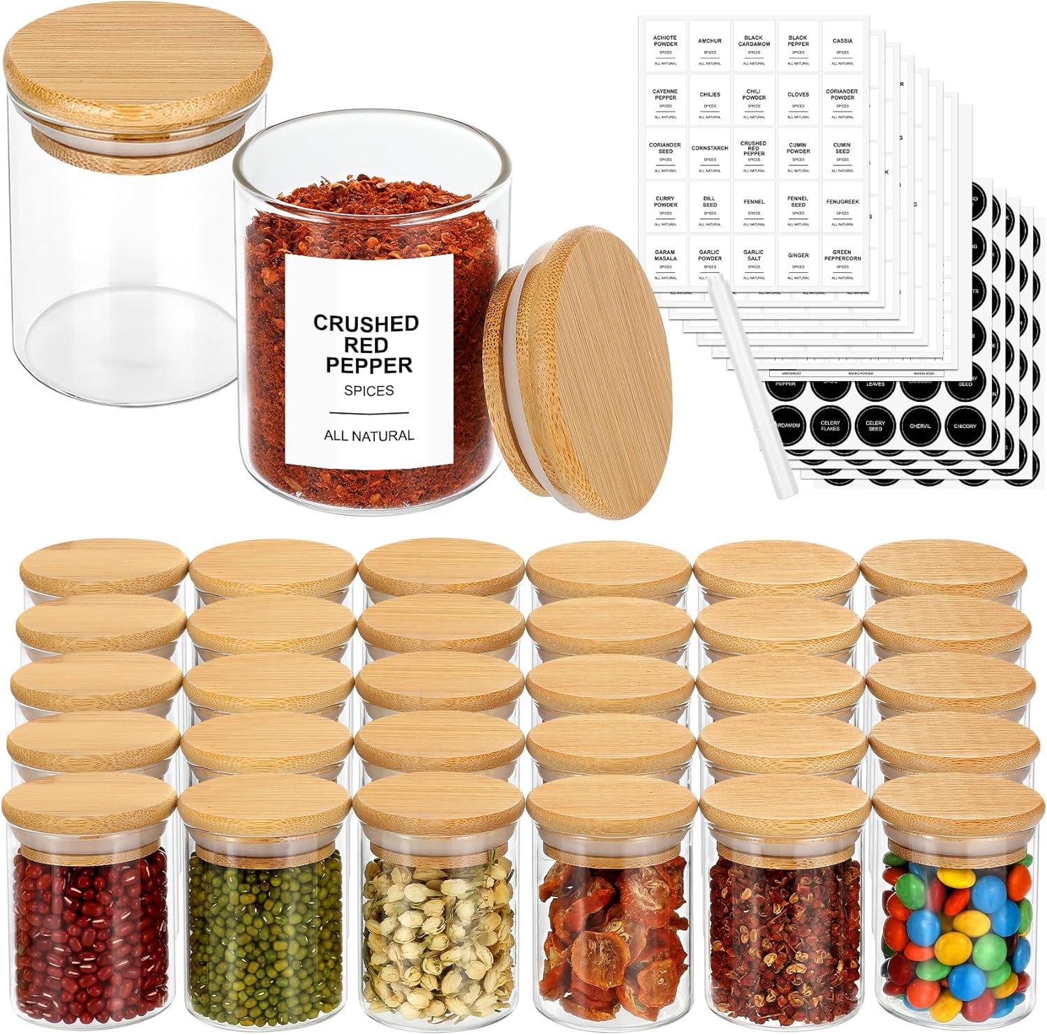 4OZ Glass Spice Jars with Bamboo Lids and 315 Labels, 32 Pcs Clear Food Storage Containers for Kitchen Sugar Salt Coffee Tea Beans