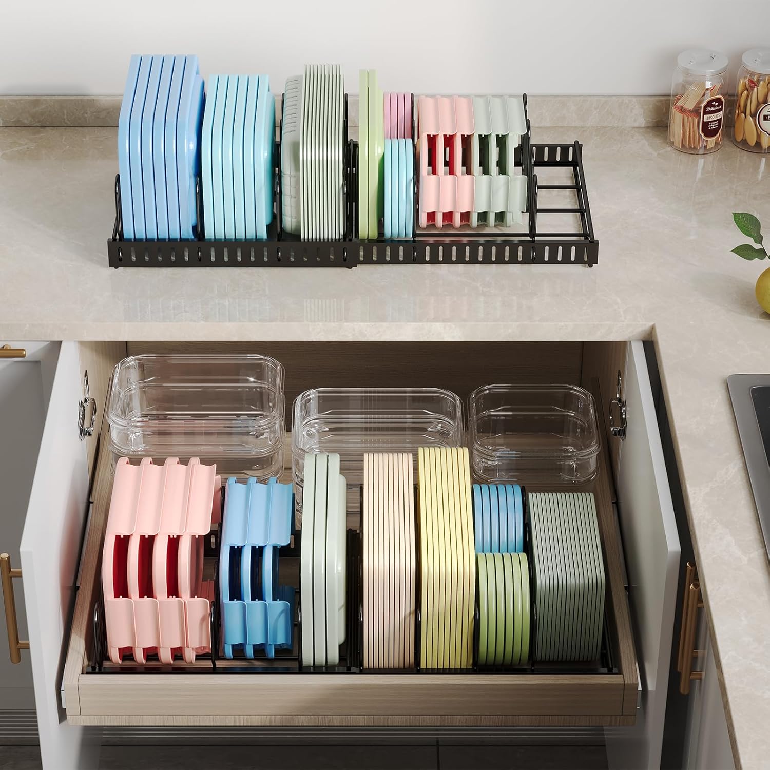 Expandable Food Container Lid Organizer,Large Capacity Adjustable 8 Dividers Detachable Lid Organizer Rack for Cabinets, Cupboards, Pantry Shelves, Drawers Keep Kitchen Tidy,Black 10.2”wide,3.6 Pound.