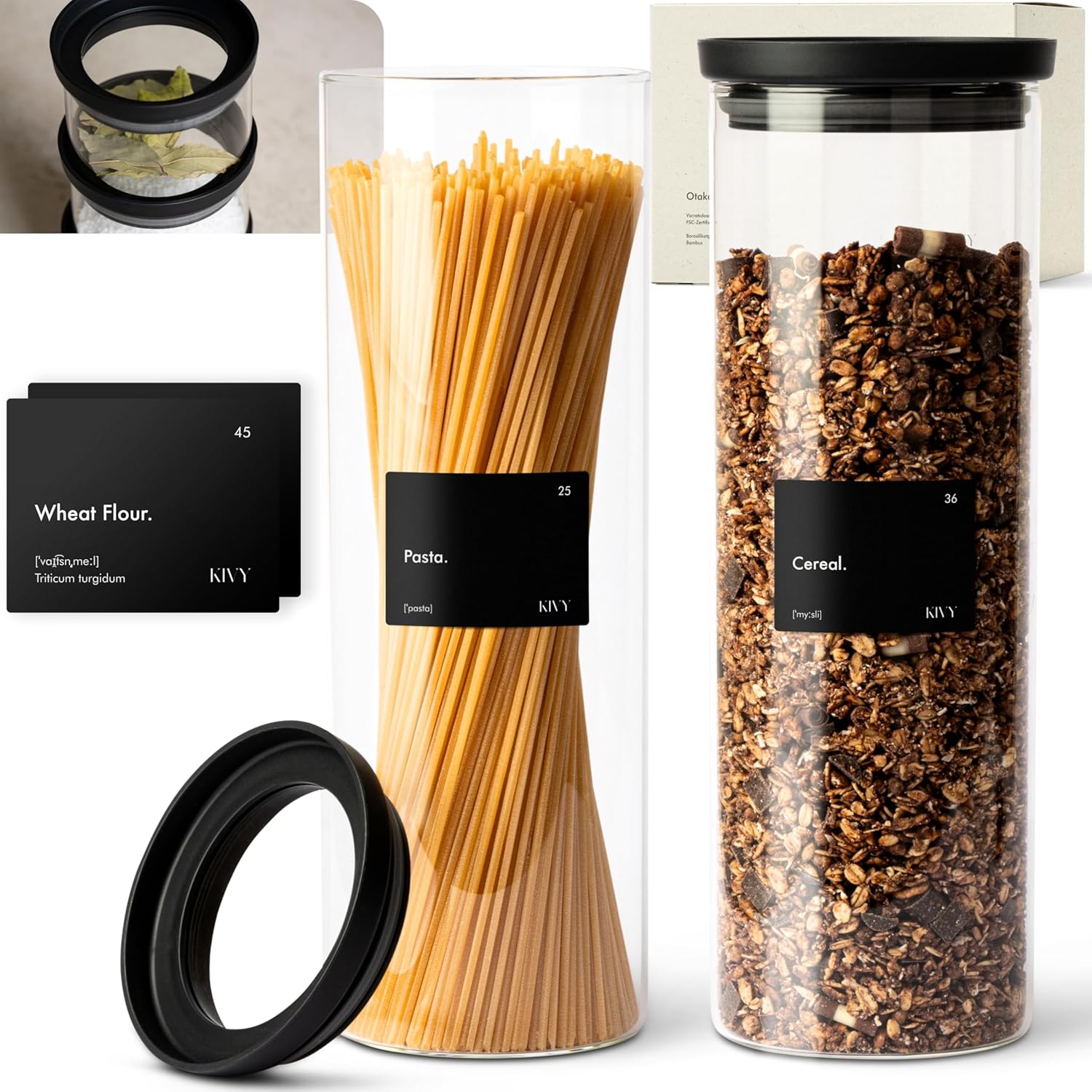 KIVY Glass spice jars transparent Glass Lid [6x 12oz] Stackable & Airtight small glass jars - Spice containers - Seasoning jars tea - Spice storage containers - Spice jars with black lids & labels