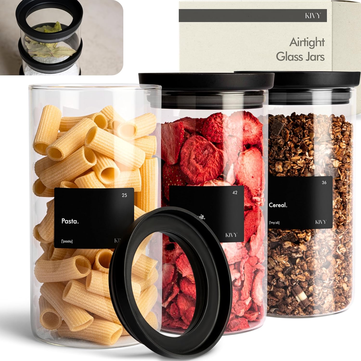 KIVY Glass spice jars transparent Glass Lid [6x 12oz] Stackable & Airtight small glass jars - Spice containers - Seasoning jars tea - Spice storage containers - Spice jars with black lids & labels