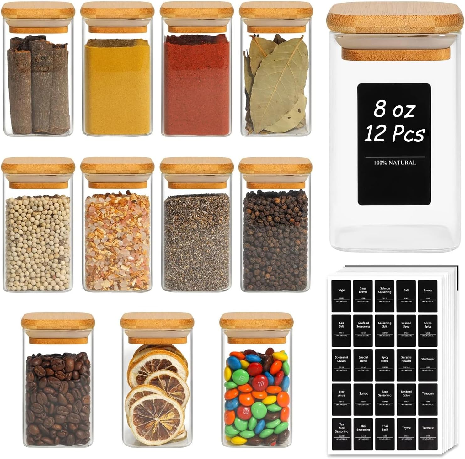 ComSaf 12Pcs Glass Spice Jars with Bamboo Lid, 10oz Airtight Square Containers with 275 Black Lables, Empty Seasoning Jars for Spice Salt Sugar