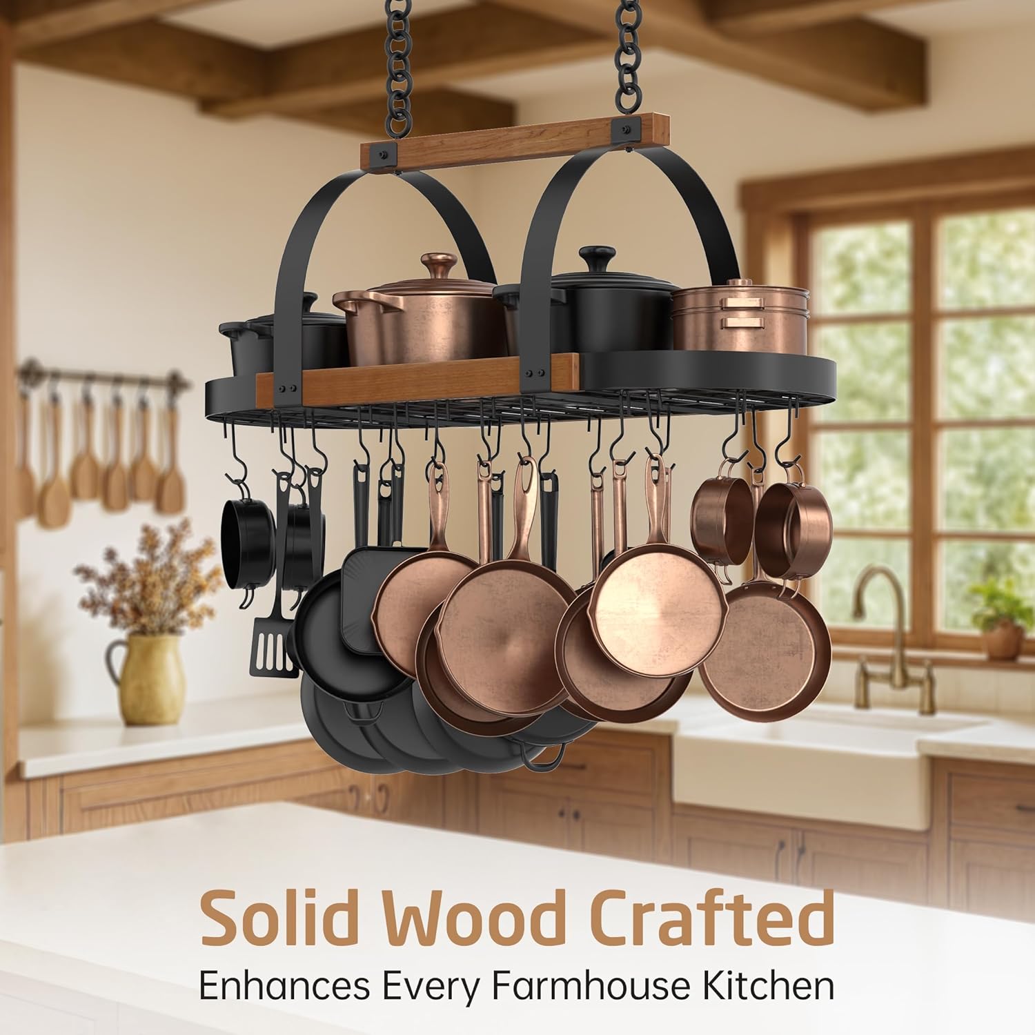 KES Natural Solid Wood 39 Inch Large Hanging Pot Rack, 130 LBS Capacity Heavy Duty Oval Pot and Pan Hanging Rack Ceiling Mount, Pot Pan Hangers Organizer for Kitchen, 20 Hooks (For 16" and 24" Joist)