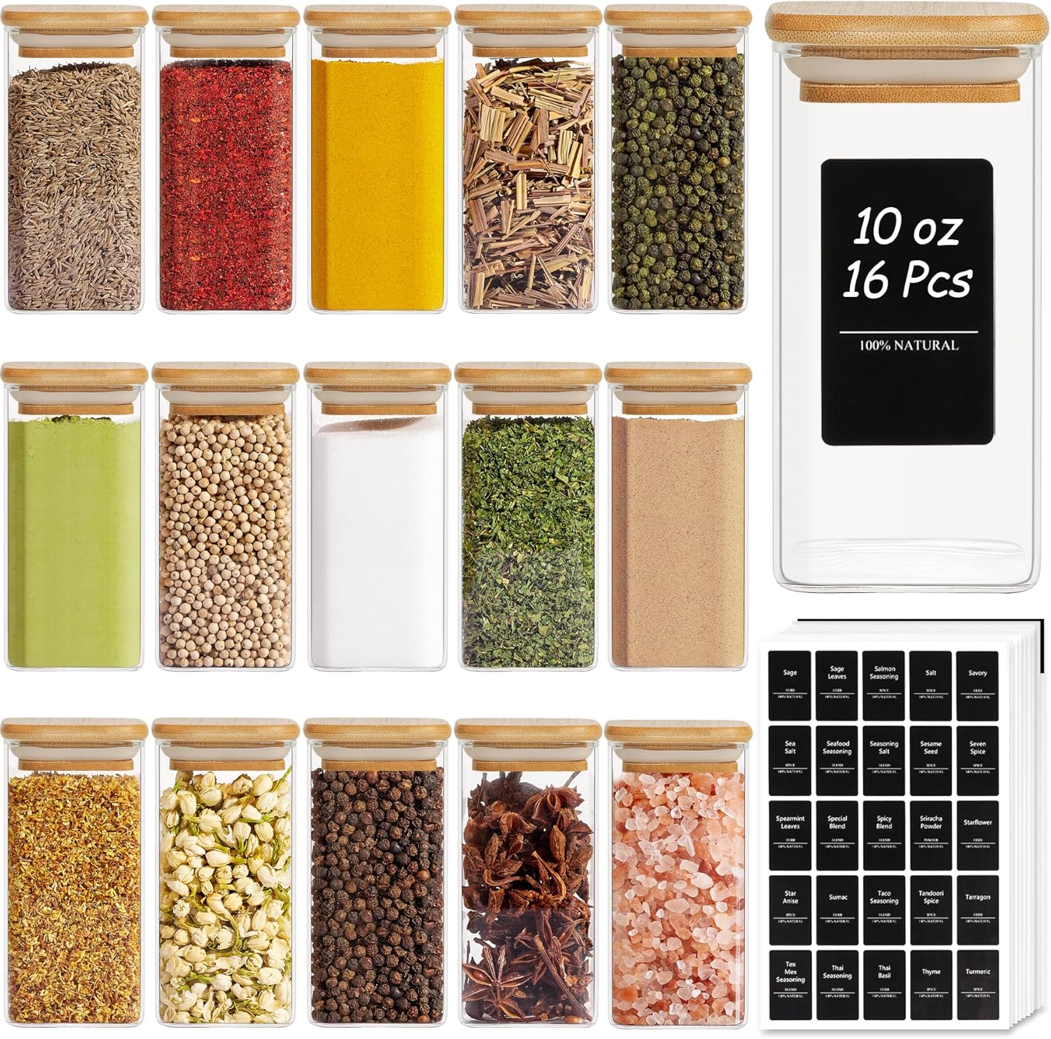 ComSaf 16Pcs Glass Spice Jars with Bamboo Lid, 6oz Airtight Square Containers with 275 Black Lables, Empty Seasoning Jars for Salt Sugar