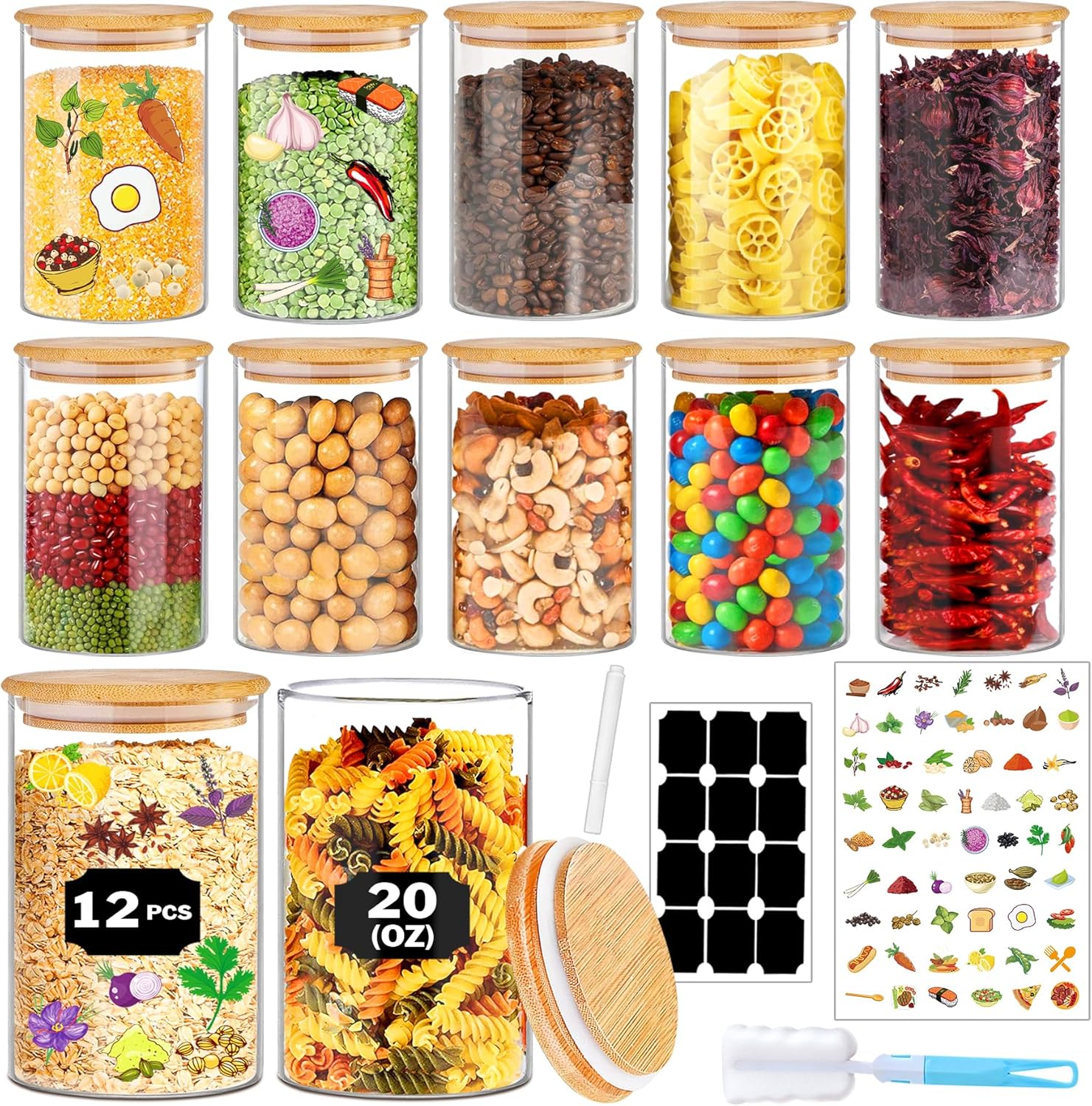 Spice Jars with Labels, 30Pcs 6oz Glass Spice Jars with Bamboo Lids, Minimalist Stackable Airtight Spice Containers with 426 labels for Kitchen Seasoning, Tea, Herbs, Coffee, Sugar,Shells